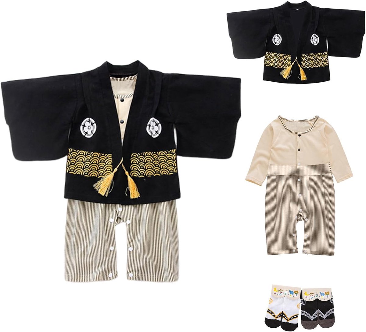 Baby kimono-pakje, katoenen outfit met lange mouwen voor babyjongens en -meisjes, traditionele stijl met 2 paar sokken