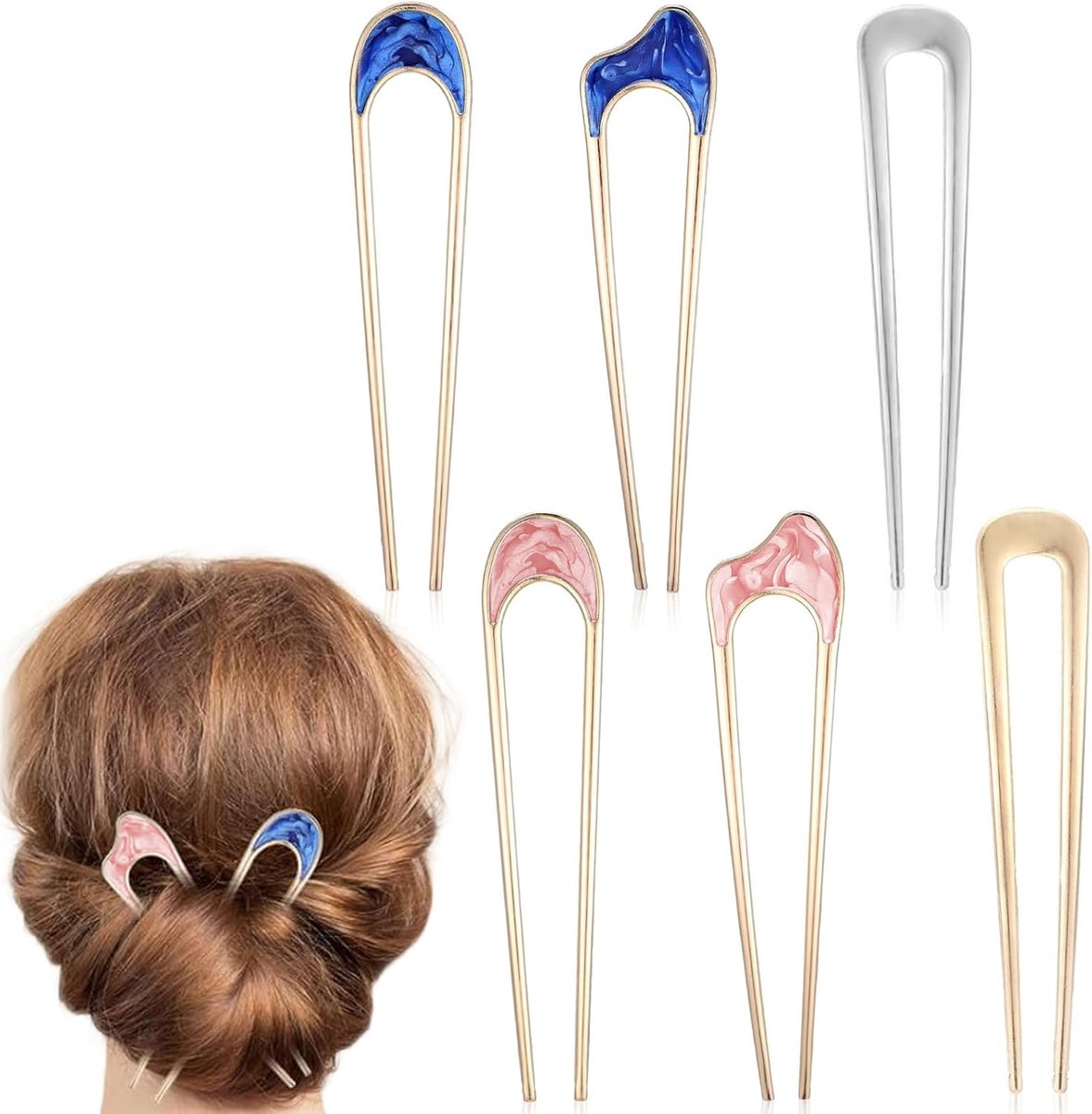 Metalen U-pins voor haarknot - set van 6, U-vormige Franse twist haarspelden, gouden en zilveren Chignon haarvorken voor vrouwen, stijlvolle accessoires voor dikke en dunne kapsels