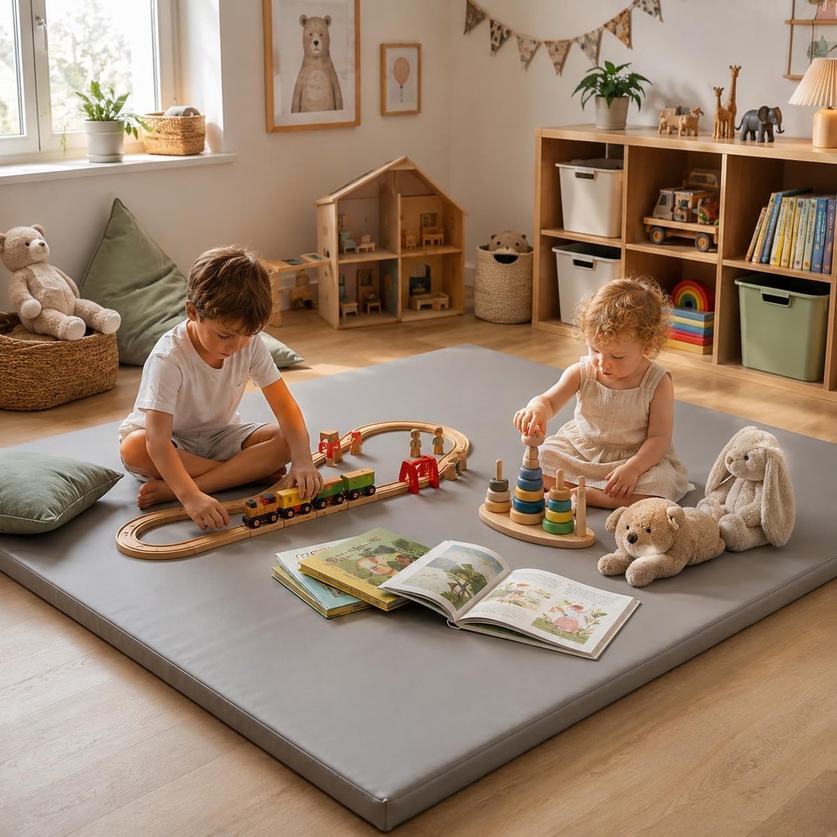 jxgzyy Kruipmat voor baby's, 127 x 127 cm, 3 cm dik | Afwasbare PU-zijde en ultrazachte korte pluche zijde, speelmat voor box en kinderkamer, grijs
