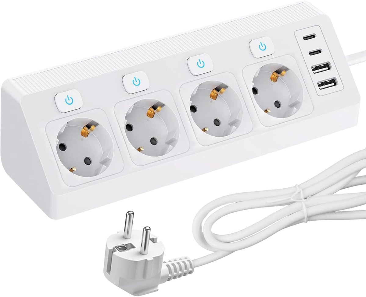 Hoekstopcontact met 2 USB en 2 USB C: 4-voudige stekkerdoos met schakelaar, 8-in-1 overspanningsbeveiliging met 2 m kabel, bureau-stopcontact, keukenstopcontact, wandmontage, wit