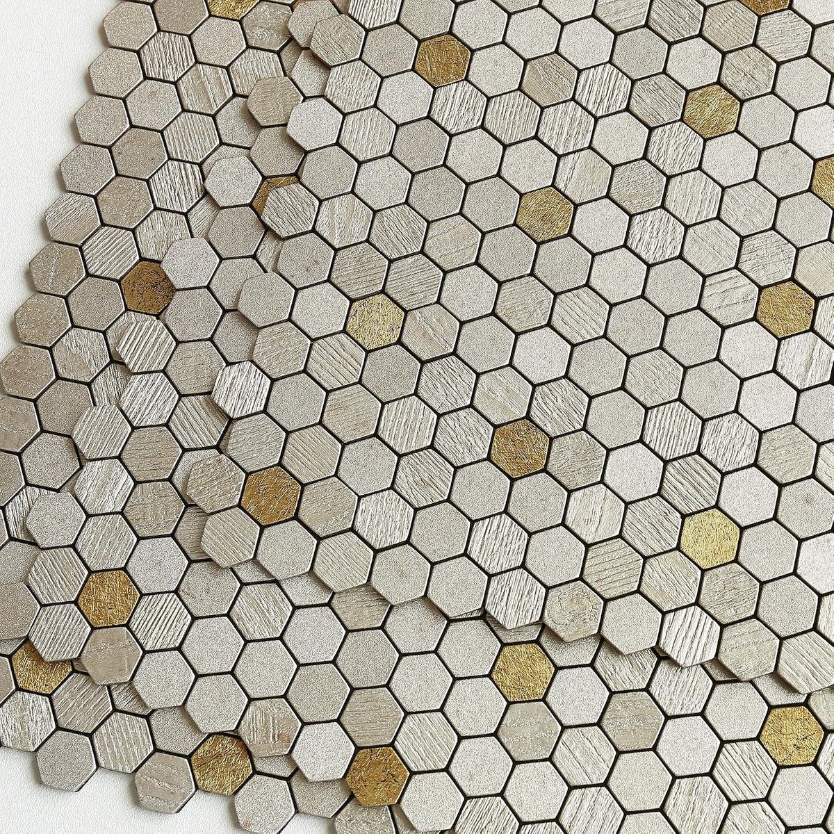 3D-wandtegels, mozaïek, zelfklevend, keukentegelstickers, badkamer, wanddecoratie, kleine steenlook, getextureerde mat, zeshoeken, champagnegoud, 10 stuks
