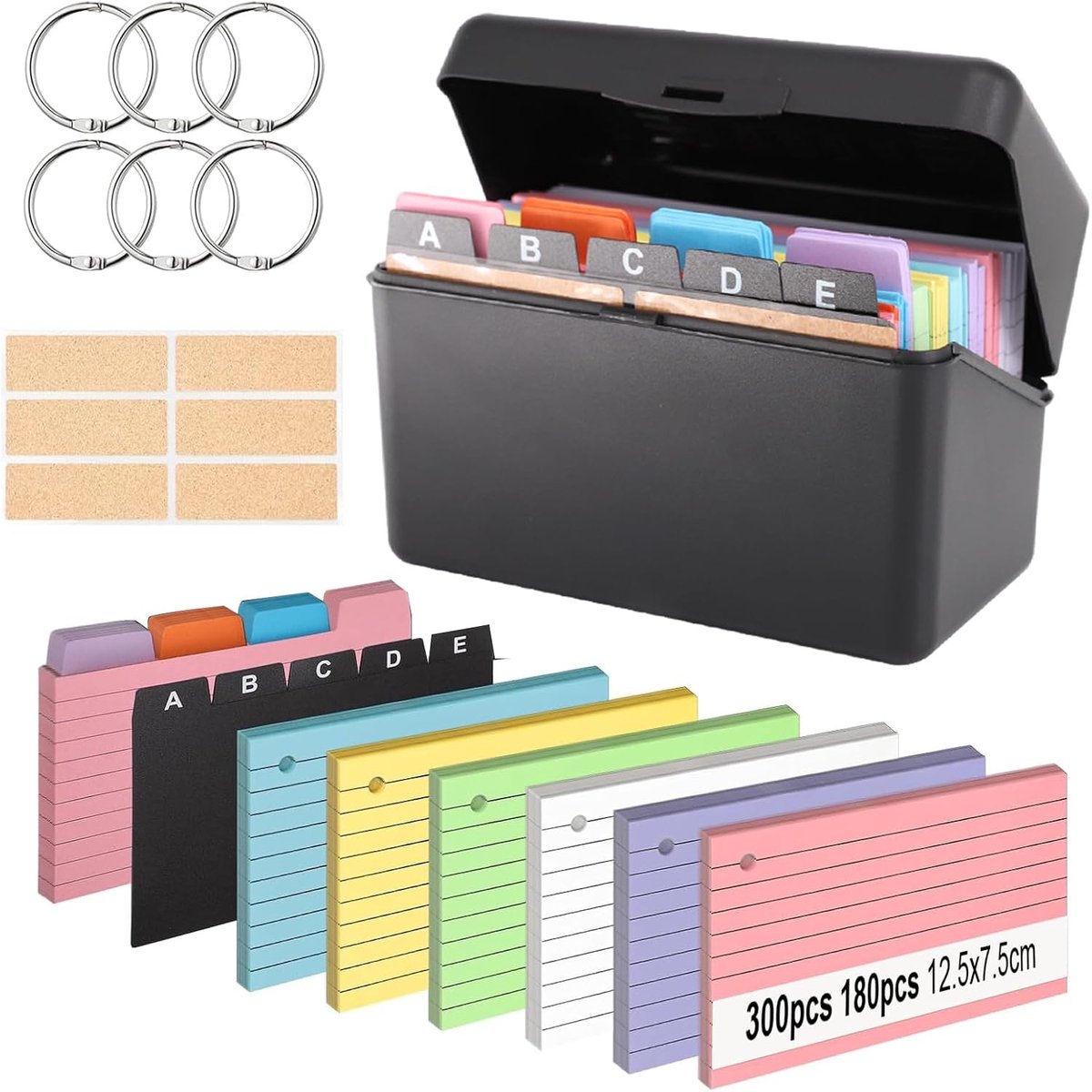 Indexkaartenbox, 12,5 x 7,5 cm, set indexkaarten, incl. 400 kleurrijke indexkaarten, 5 tabbladen, 6 losse bladringen, 6 stickers, indexkaartenbox, leerkaarten voor woordje, leren, notities, school