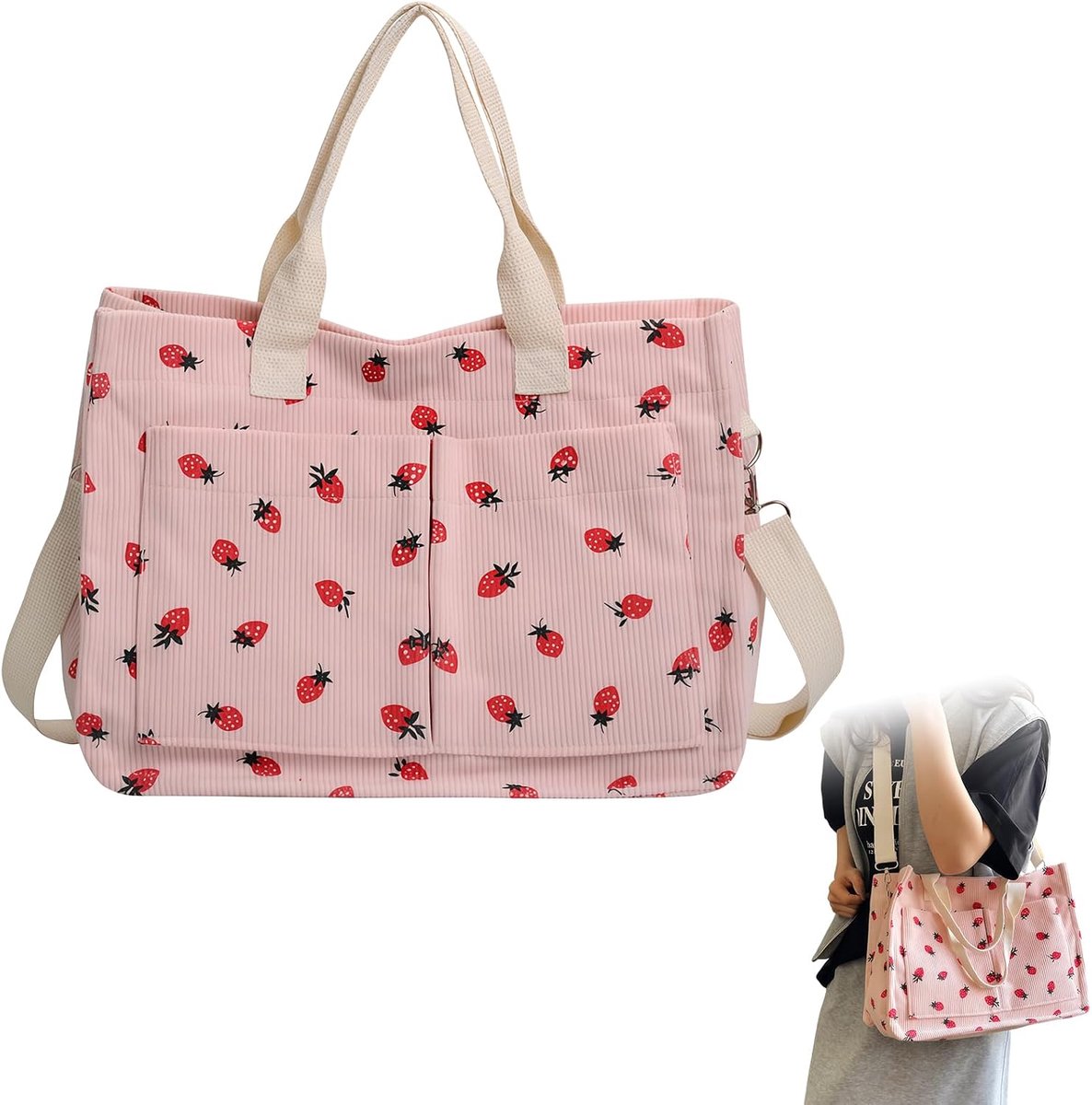 Shopper tas met aardbei print 36 x 15 x 43 cm, polyester draagtas met meerdere vakken en verstelbare schouderriem voor werk, reizen, boodschappen en dagelijks gebruik