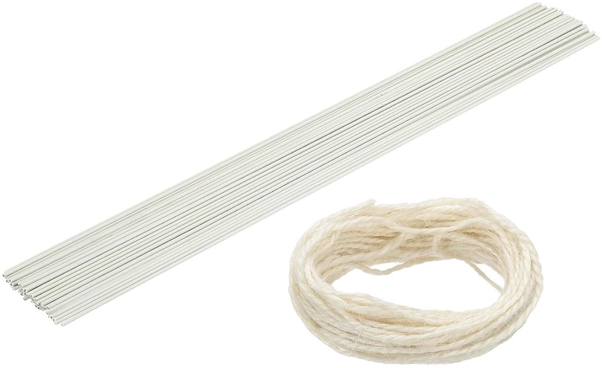 Draad, 2, bloemstelen van 30 cm, met touw van 0,08 x 32,8 m, voor het maken van kransen, bloemstukken, wit