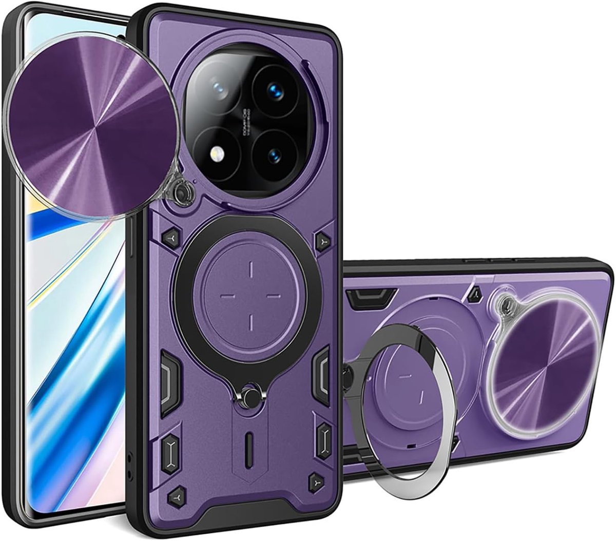 Hoesje voor Xiaomi Redmi Note 14 Pro+ Plus 5G, harde PC met geavanceerde metalen textuur en zachte matte siliconen TPU-stootrand, schokbestendig, met ringstandaard en schuifcamera-hoes