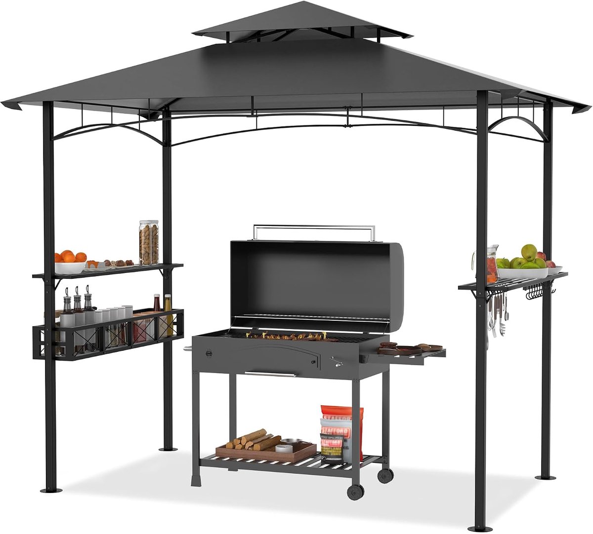 245 x 153 cm, weerbestendige grilloverkapping, vrijstaand tuinhuisje met zonwering, dubbel dak, planken en opbergmanden, tuinpaviljoen voor tuin en strand, BBQparty