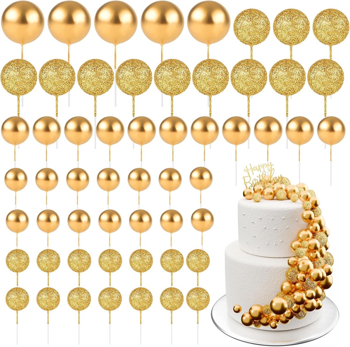 60 stuks, taarttoppers, taarttoppers, mini-ballonnen, taarttoppers voor taartdecoratie, verjaardag, feest, babyshower (glitter goud)