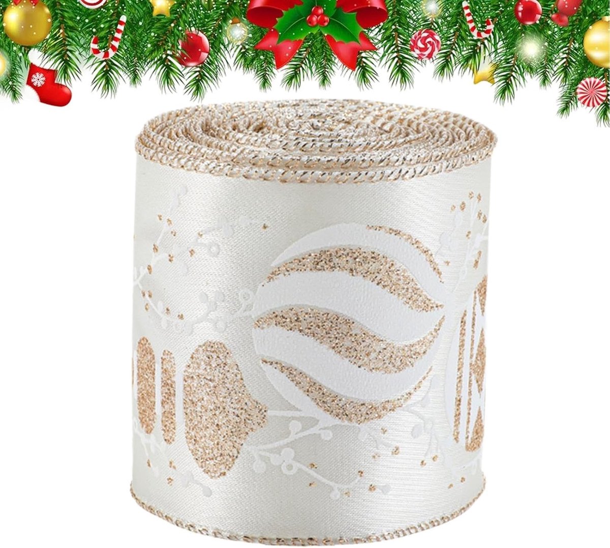 Lint - 198 Centimeter Webbing Band | Champagne Kleur | Inpaklint,Voor Feestdagen Verpakking Cadeau Kerstboom Versiering Krans Bloemen Boeket