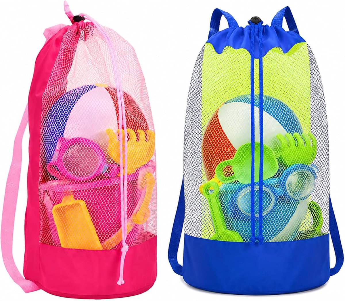 Strandtas, mesh, 2 stuks grote netzakken voor zandspeelgoed, opvouwbare opbergtas voor familie, vakantie, waterdoorlatend, draagbaar, voor zwembad, zee