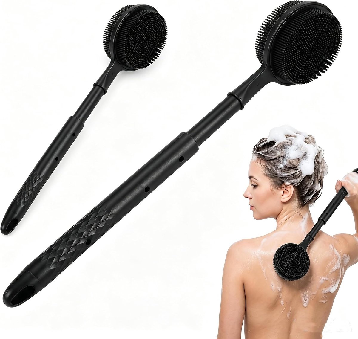 siliconen doucheborstel met lange telescoopsteel, lichaamsborstel, scrubborstel voor bad met rugkrabber douche voor ontspannende massage