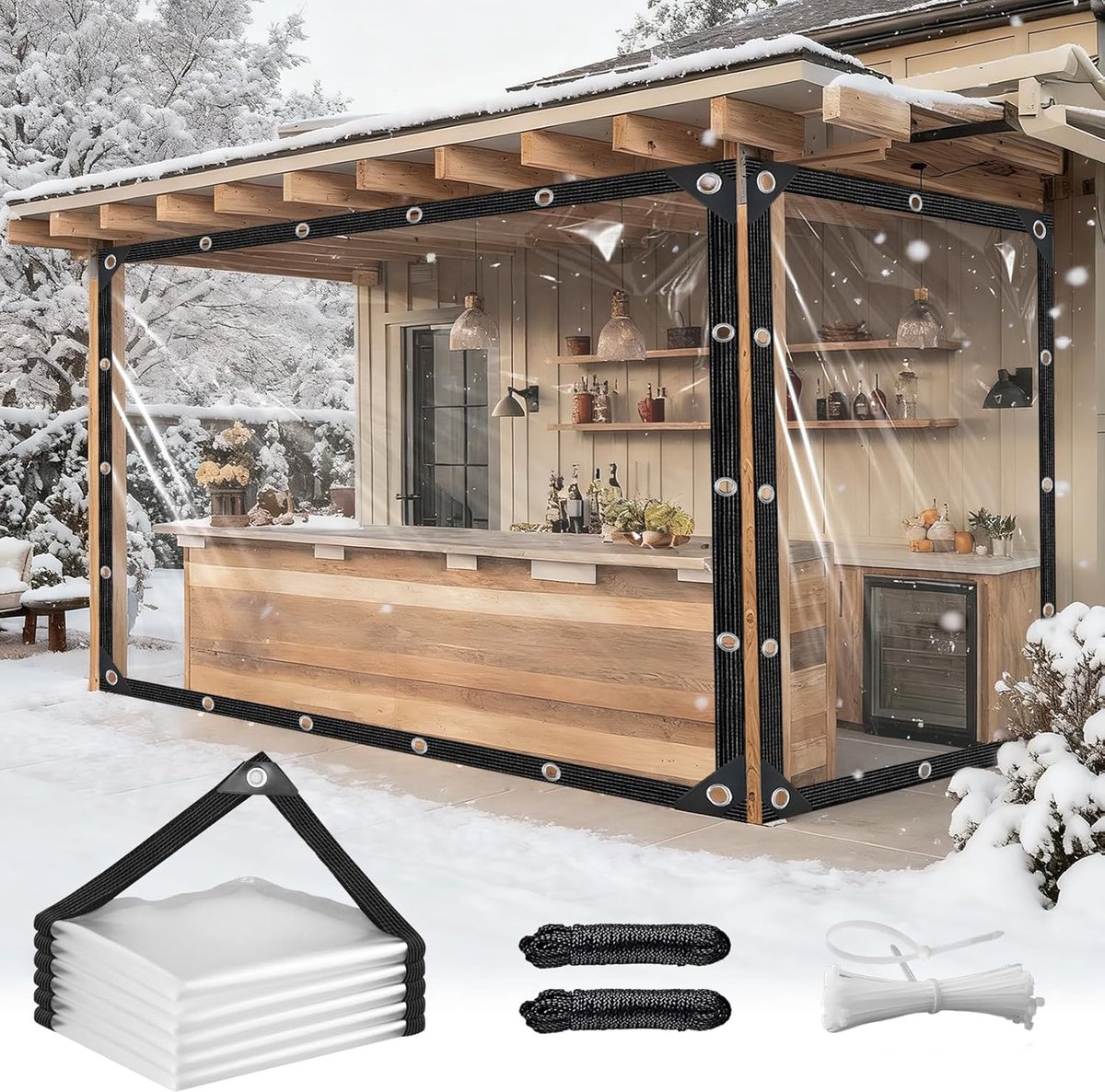 Afdekzeil, zeildoek, transparant, met oogjes, 3 x 5 m, transparant, waterdicht, pvc, transparant, zeildoek, opvouwbaar, scheurvast, weerbestendig voor outdoor, camping, balkon, paviljoen