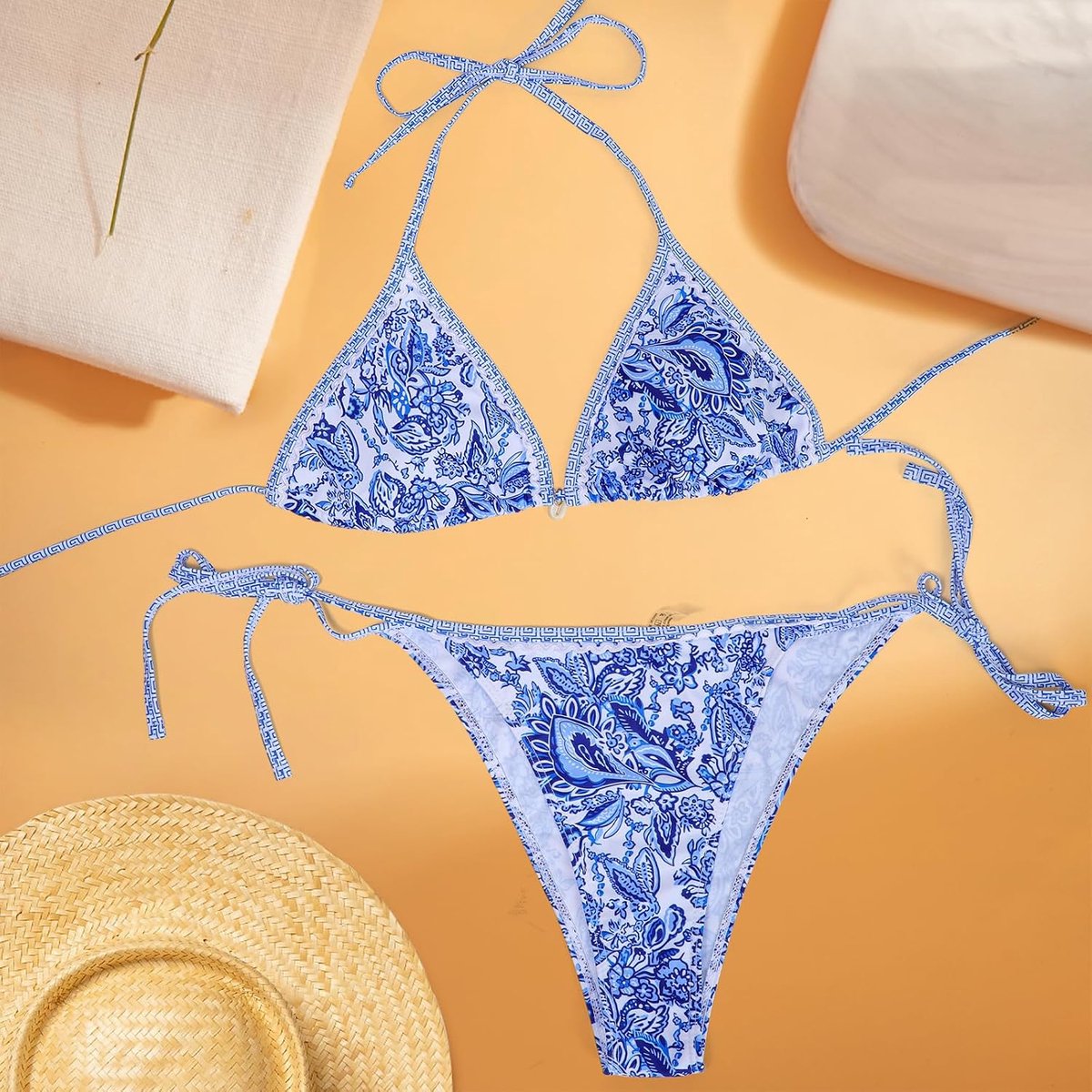 Dames bikiniset, blauw en wit porselein print, verstelbare tie-up bikini top & bottom, sexy bikini dames set voor strand of vakantie