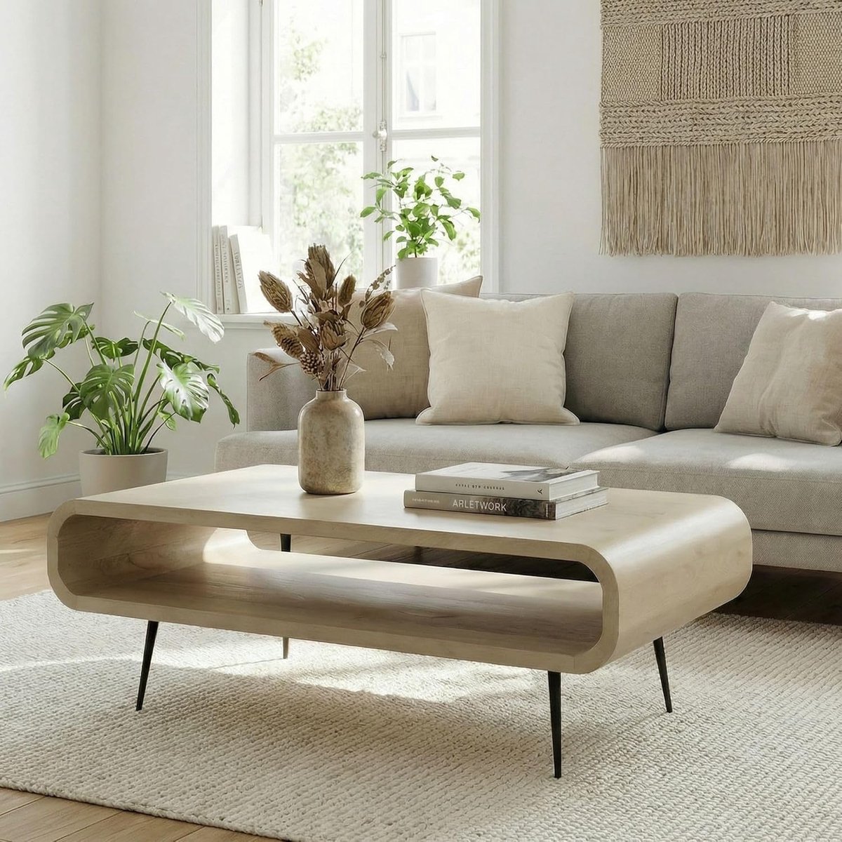 Salontafel 90x55x30 cm Massief Mangohout Whitewash, Retro | woonkamertafel in mid-century stijl met metalen poten en legplank, sofatafel van echt hout, handgemaakt