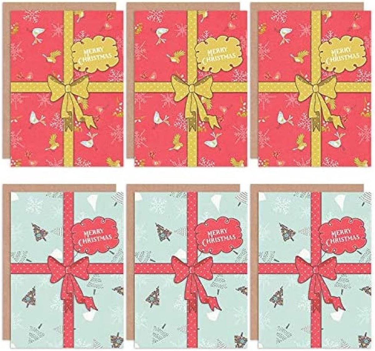 Blue Coo Kerstkaarten x6 Present Ribbon Gift Snowflake (2 ontwerpen)