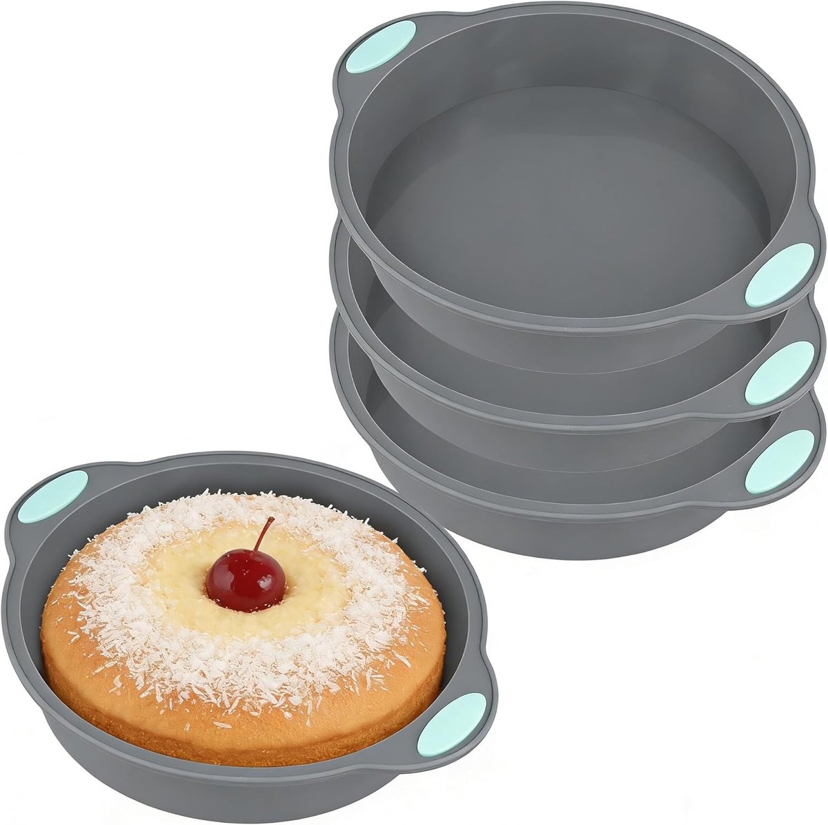 4 stuks siliconen bakvorm, rond, 20 x 20 x 4 cm, grijs met mintgroene handgrepen, antiaanbaklaag, vaatwasmachinebestendig, springvorm, siliconen, voor taarten, brood, cheesecakes