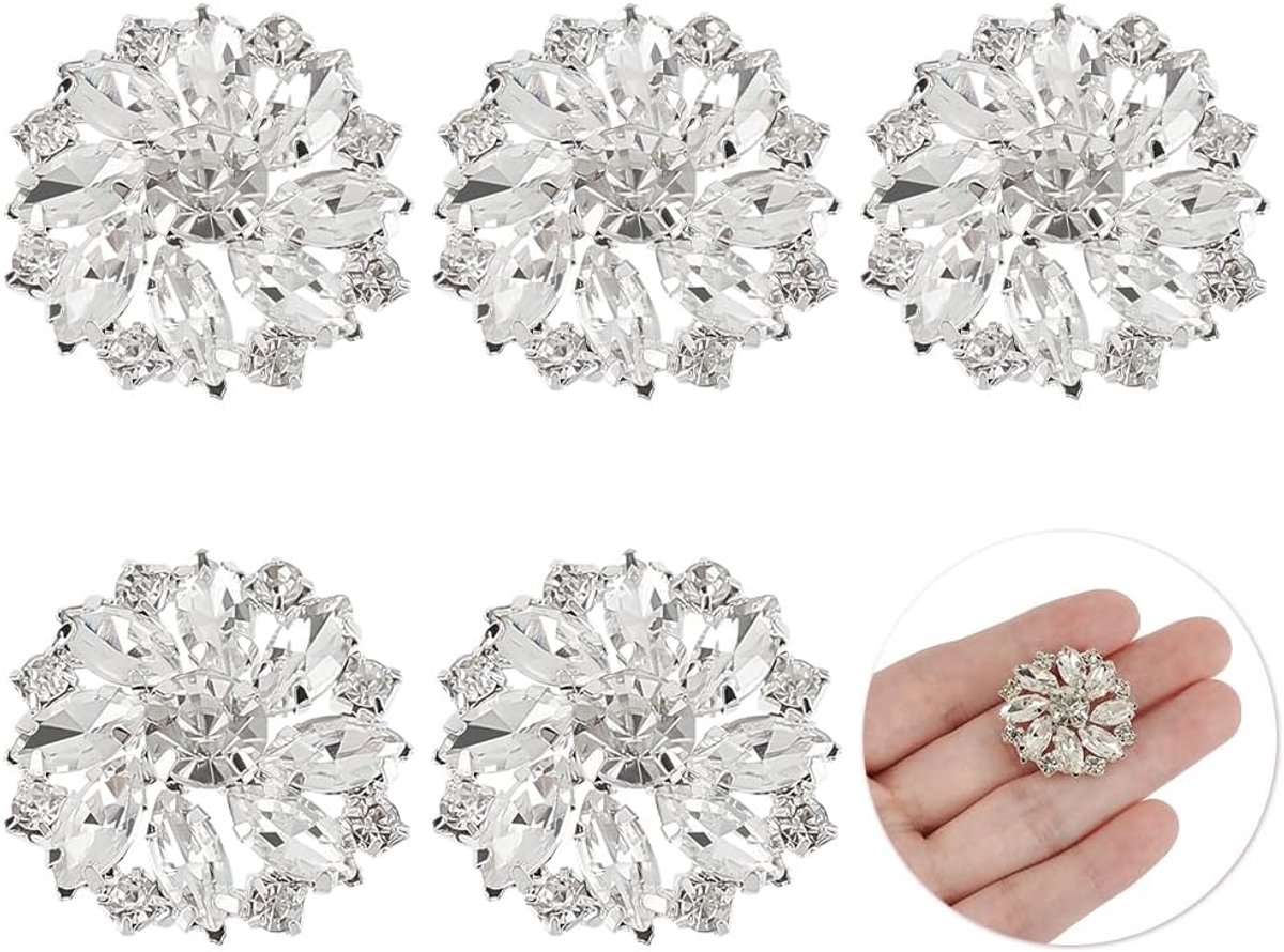 6 stuks 26,5 mm bloem messing strass stud knop kristal zilver kleur om op te naaien - 1 gat, platte achterkant, metaal, sneeuwvlok, modieuze klauw