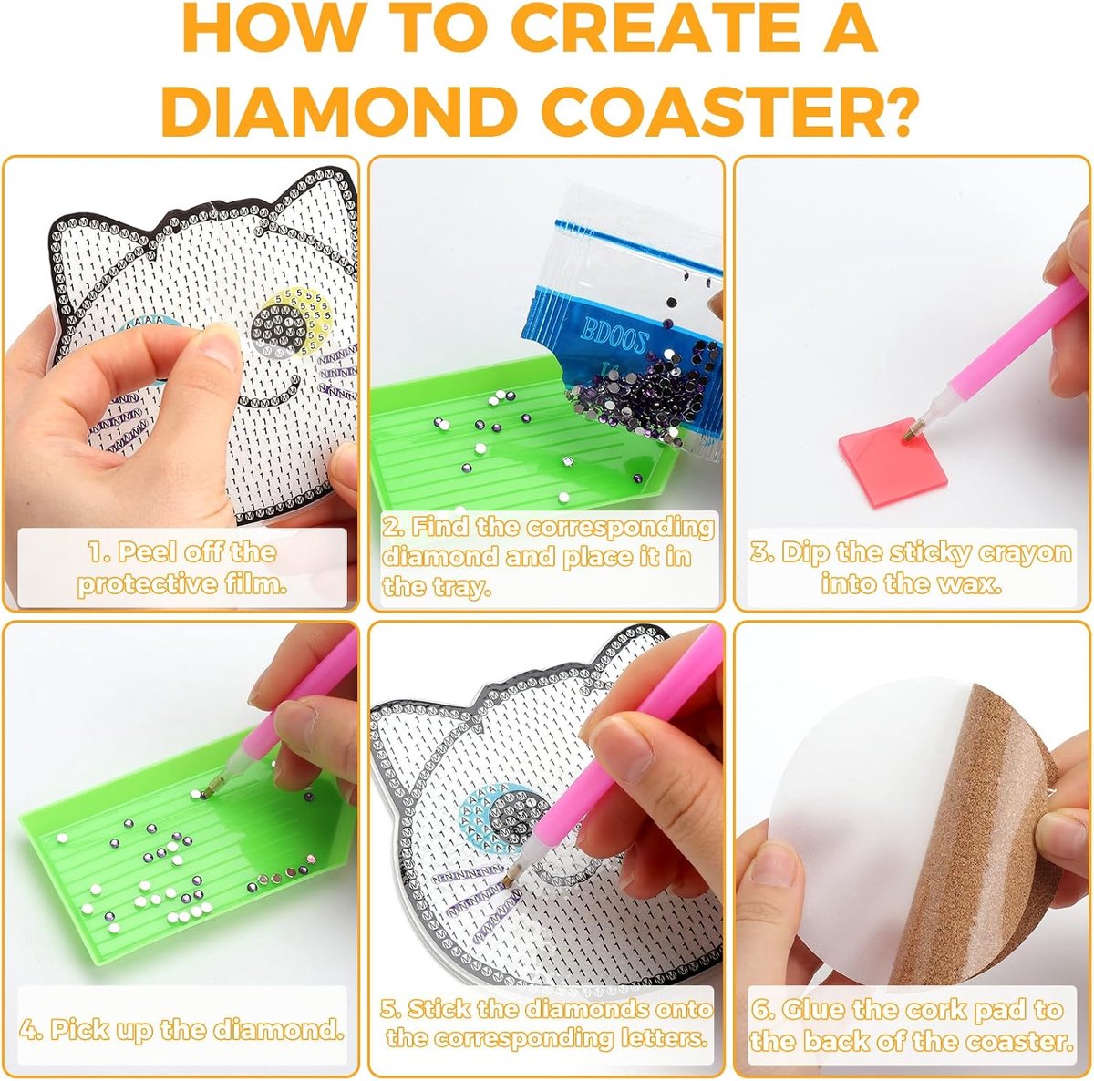 Diamond painting onderzetters 10x10cm - kattenmotief - DIY set van 8 - creatieve tafeldecoratie - SnelShoppen
