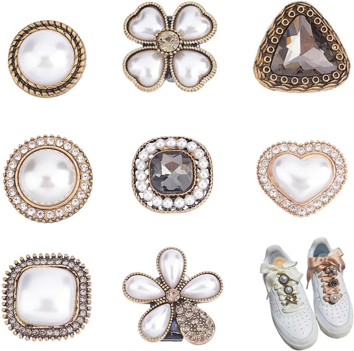 Schoenveters Charms 8PCS - Rhinestone met Retro Parels - Unieke Schoenaccessoires - Maak je schoenen bijzonder - SnelShoppen