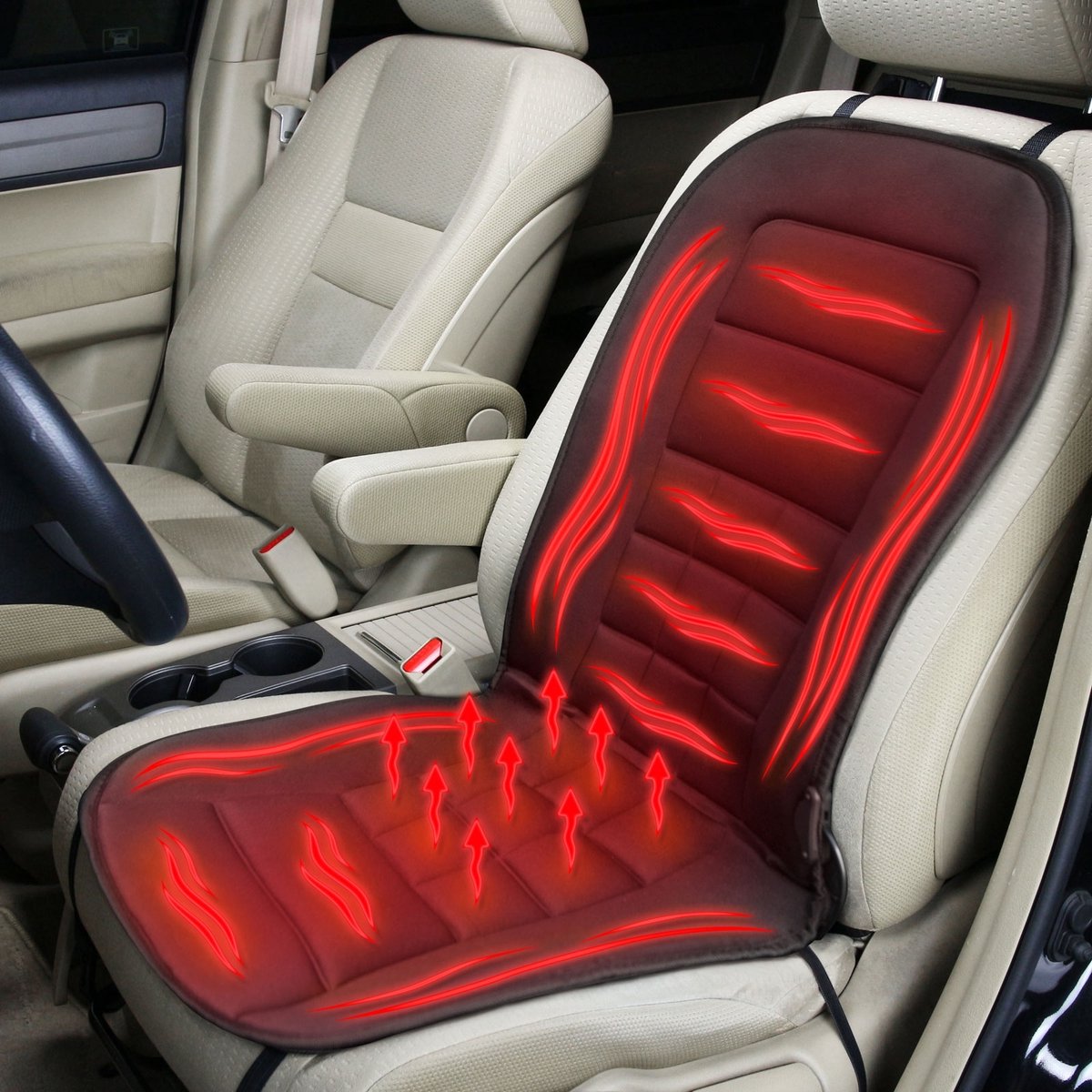 Verwarmde autostoelhoes - 12V - met sigarettenaansteker - zwart - universeel - instelbare warmte - 96×45 cm [55815B]