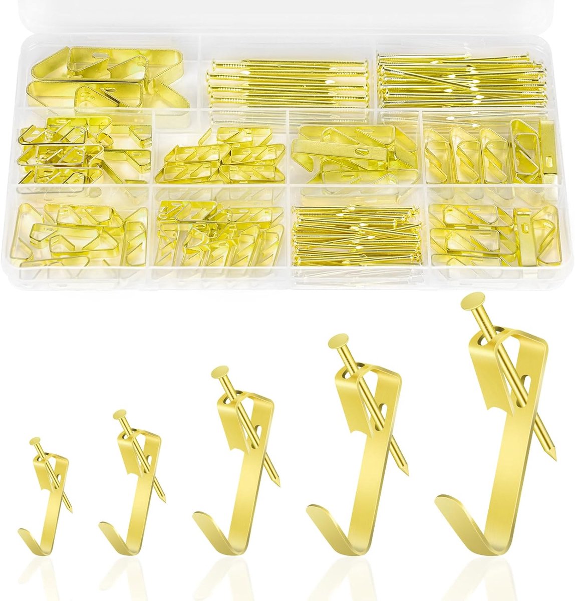 haken, zware fotohaken, 200 stuks fotolijst haak met spijkers, foto frame haak kit goud 6 verschillende dragende niveaus, voor schilderijen, spiegels, frames, decor