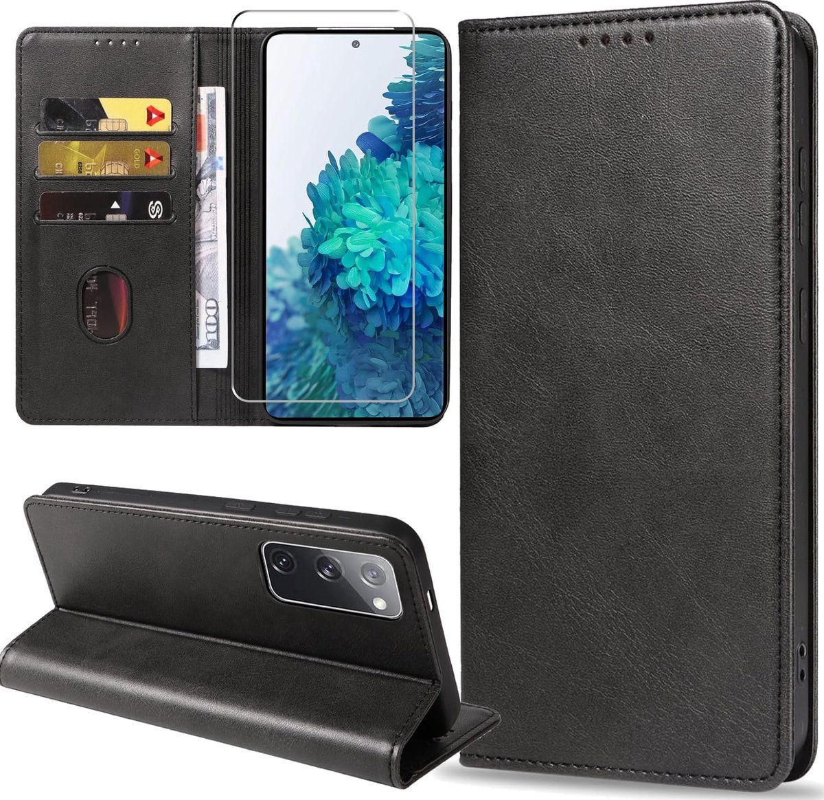 Telefoonhoesje voor Samsung Galaxy S20 FE / S20 FE 5G, klaphoesje met beschermfolie, leer, beschermhoes, standfunctie, kaartenvak, portemonneehoes, zwart