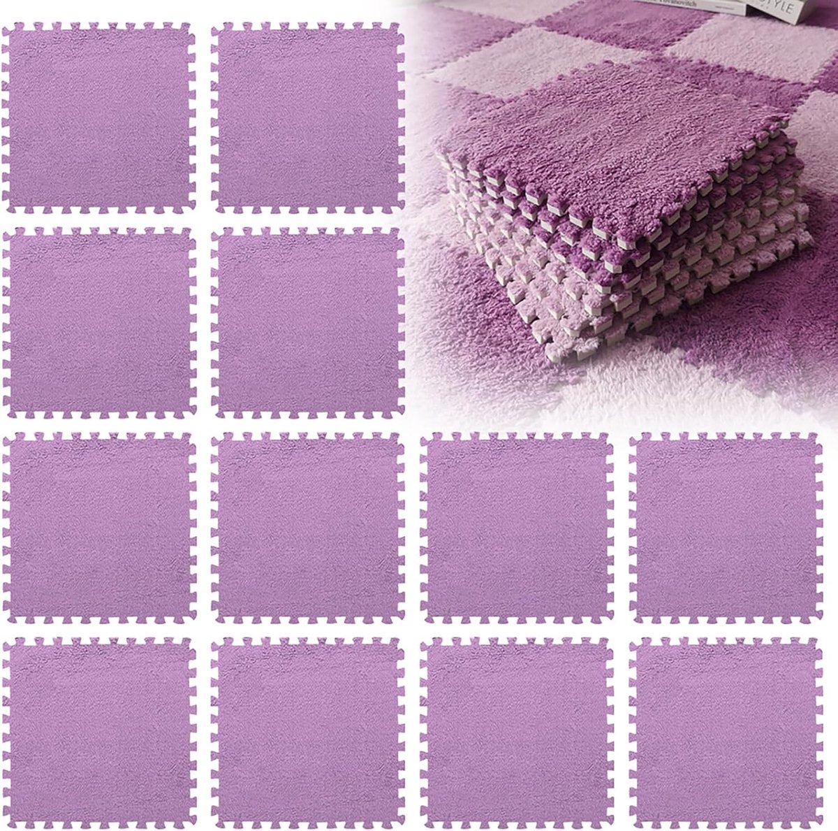 12 stuks in elkaar grijpende pluche schuimmat, 30 x 30 cm, schuimrubberen puzzelmatten, pluizige woonkamer, slaapkamer, tapijttegels, vloertegels voor spel, donkerpaars