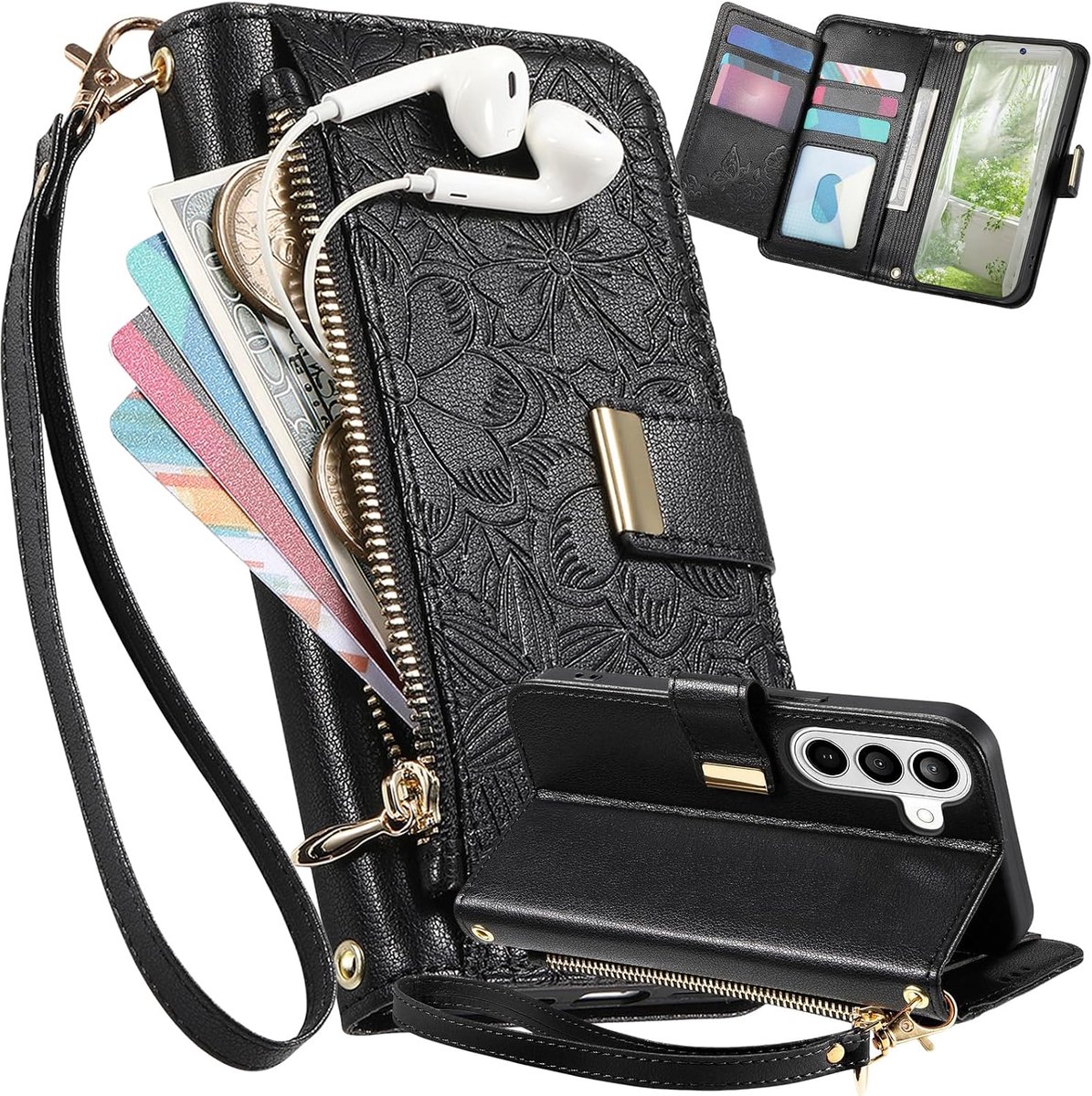 Hoesje voor Samsung Galaxy A17 met Polsband HYY Zwart | Dames bloem reliëf PU Leather Klaphoesje met Standaard en Rits kaartsleuf, Schokbestendige Beschermhoes voor Galaxy A17