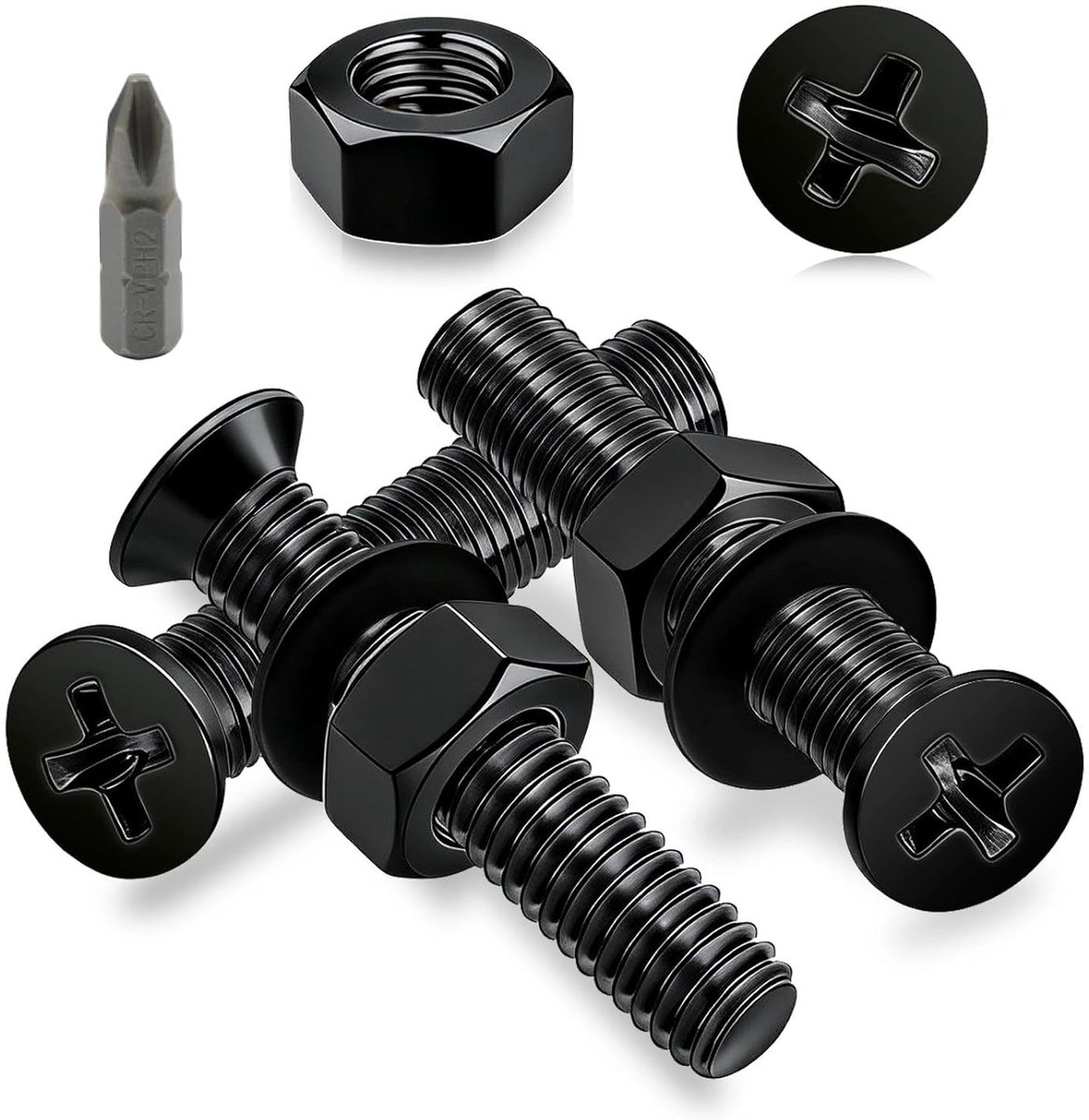 X 8 mm schroeven zwart, 60 stuks verzonken schroeven M4 kruiskop schroeven koolstofstaal verzonken schroeven schroefdraadschroeven met moeren en sluitringen voor deuren hekken