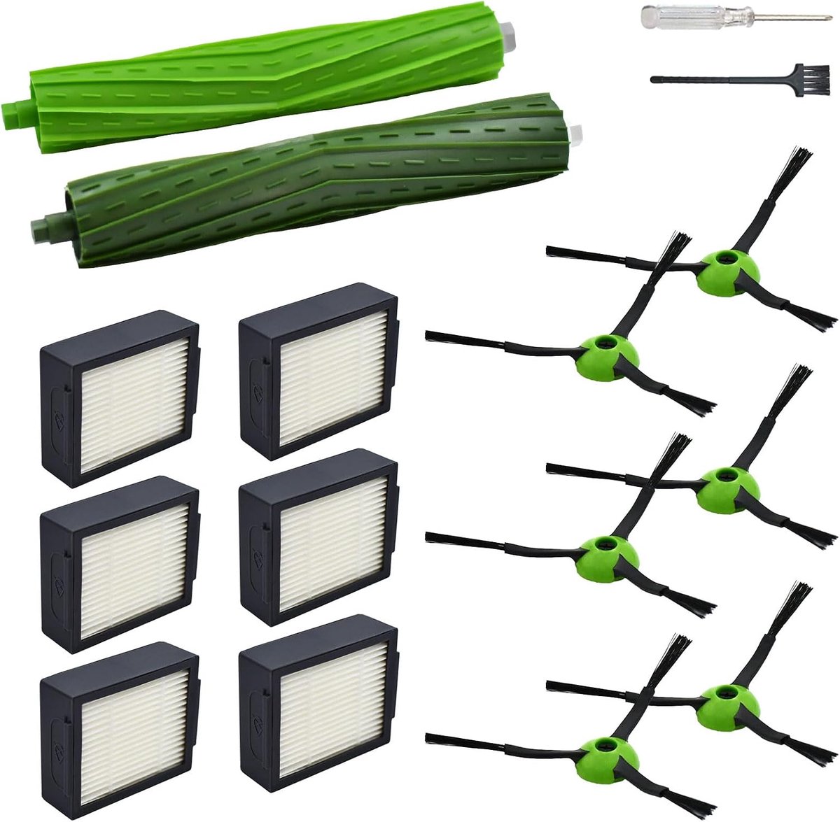 Onderdelen compatibel met iRobot Roomba J7 J7+ J5 J5+ J6 J6+ J8 J8+ J9 J9+ i e j serie robotstofzuiger accessoires kit, rubberen rolborstels, 6 HEPA-filters, 6 zijborstels
