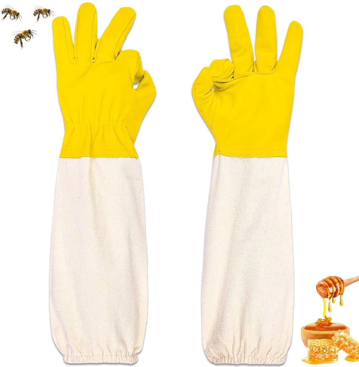 Bijenteelthandschoenen van geitenvacht, beschermde handschoenen voor imker met lange mouwen van canvas, tuinwerkhandschoenen, bijenteeltmateriaal, compatibel met beschermende outfits (geel)