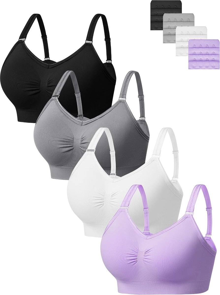 4-pack volledige dekking draadloze bh's, zachte naadloze beha-sets voor vrouwen, comfortabele ondersteuning bralette met verwijderbare gewatteerde en extra extenders