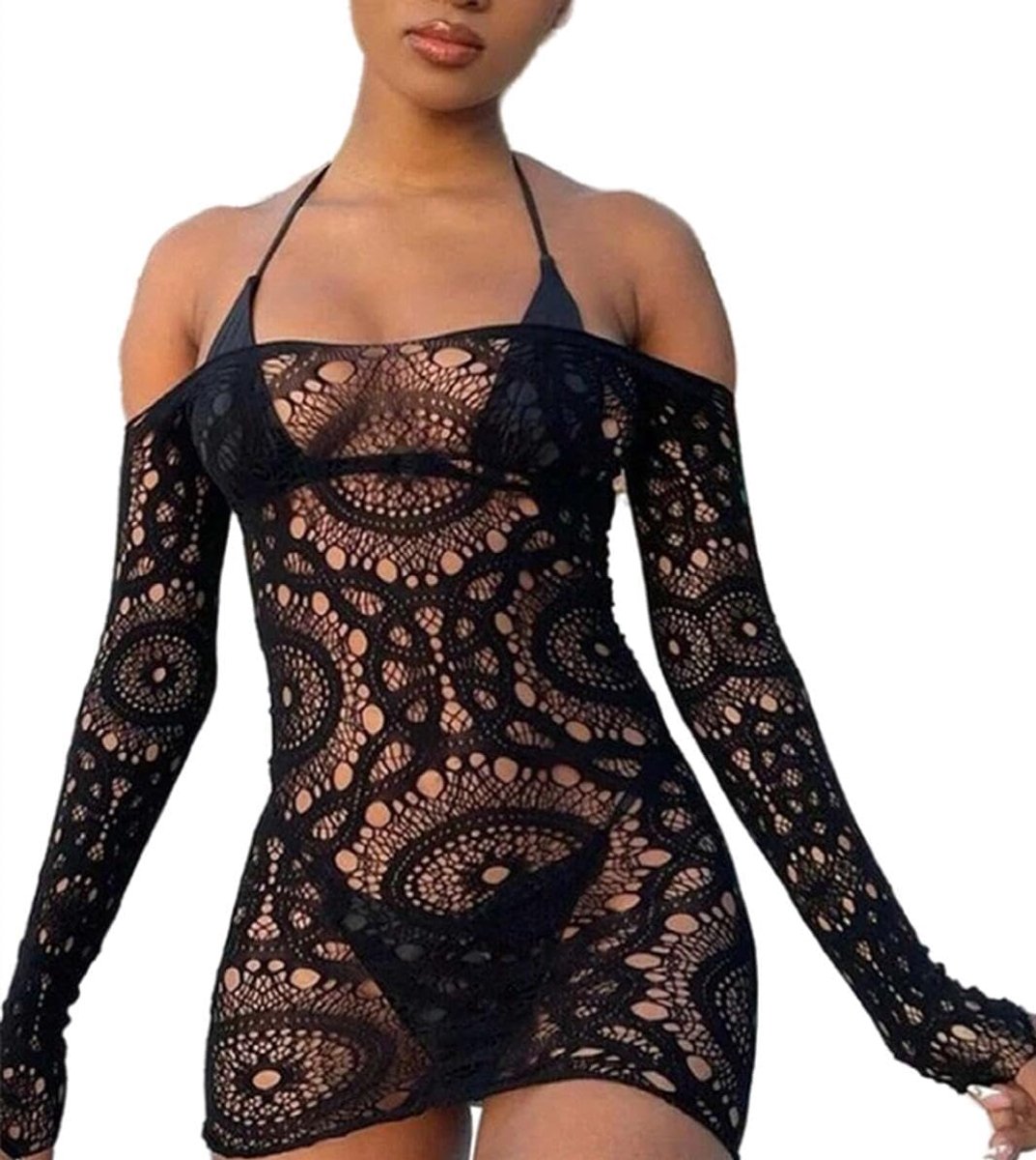 Sexy ondergoed lingerie platte schouder lange mouwen uitgesneden stretch jurk doorzichtige wikkeljurk kant uitgesneden mini-jurk