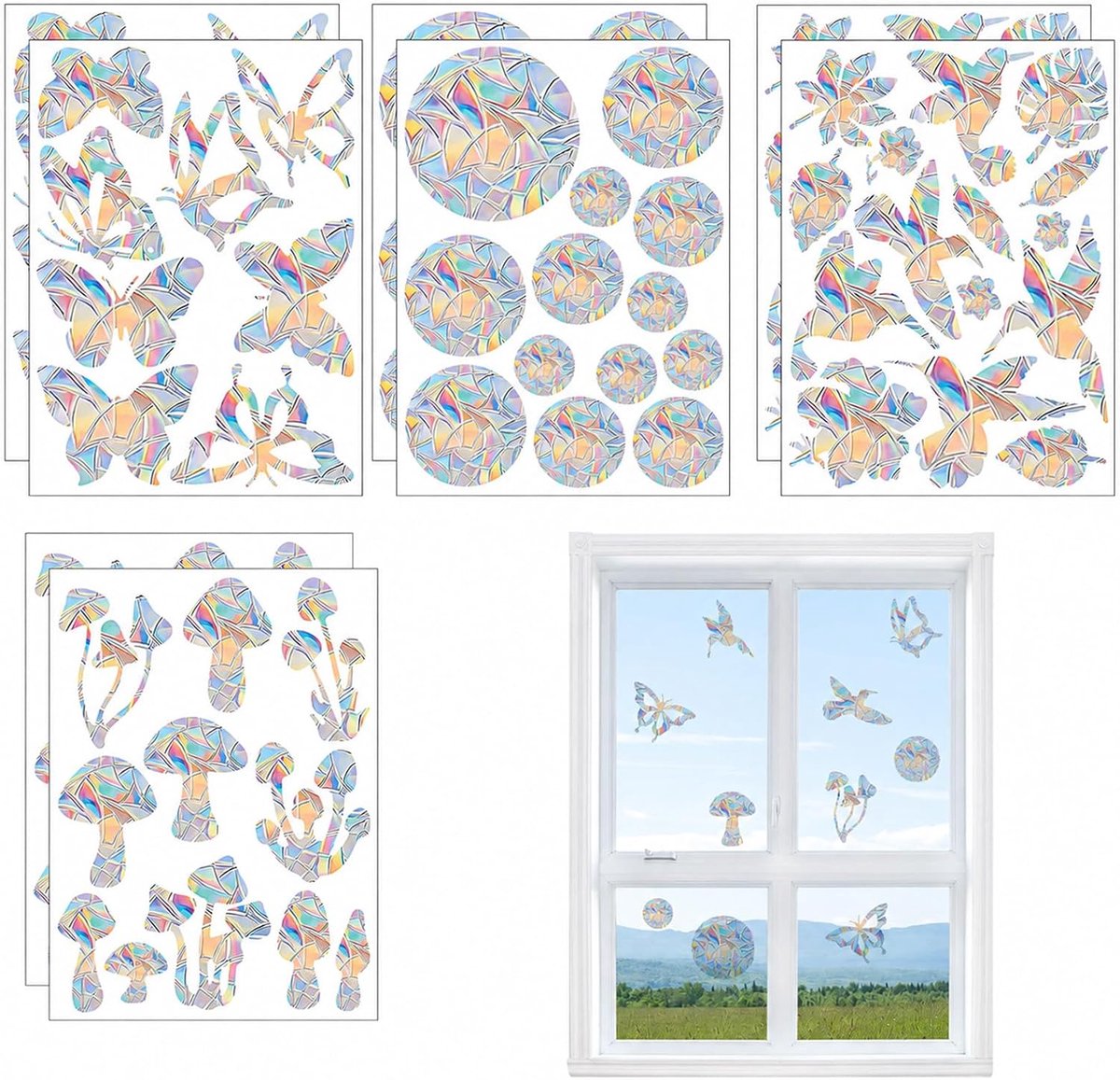 Raamstickers vogels 94 stuks prisma raamfolie kolibrie cirkel vlinder paddenstoel anti botsing raamdecoratie transparant herbruikbaar voor ramen deuren woonkamer tuin