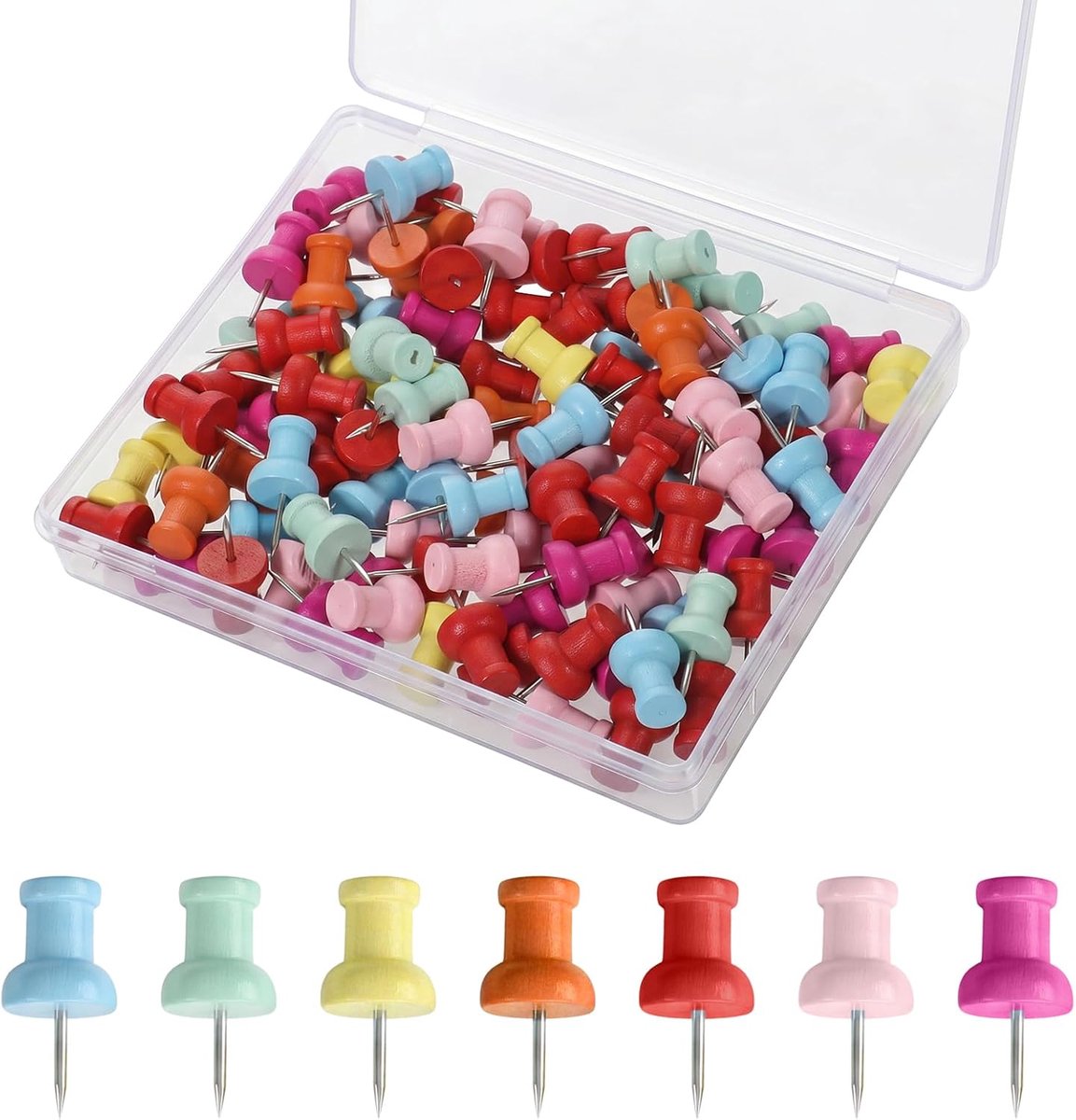 Punaises, punaises voor decoraties en spelden van hout, punaises voor kurkborden, stalen punten voor kurkborden, prikborden en landkaarten, verpakking van 100 stuks