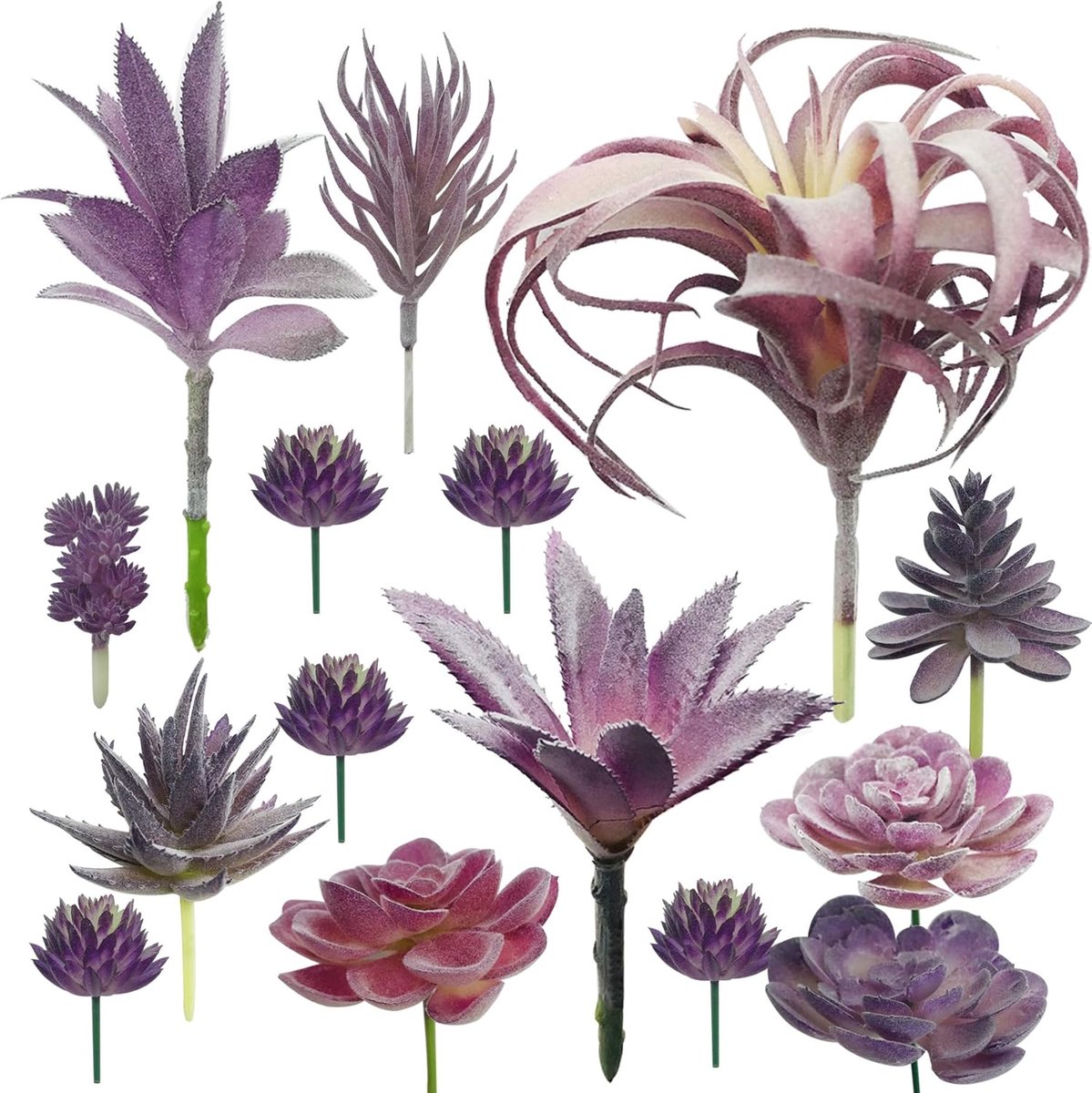 15 stuks kunstmatige vetplanten, nep succulent paars onverpot faux succulent assortiment in gevlokt blauw in verschillende soorten voor verjaardag woondecoratie indoor muur tuin DIY