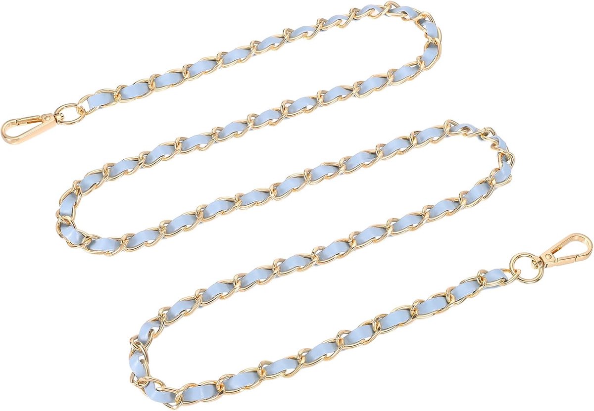 Zakketting, leren band van 140 cm en platte ijzeren ketting voor tassen met gespen voor schoudertassen en schoudertassen (lichtblauwe riem + gouden ketting)