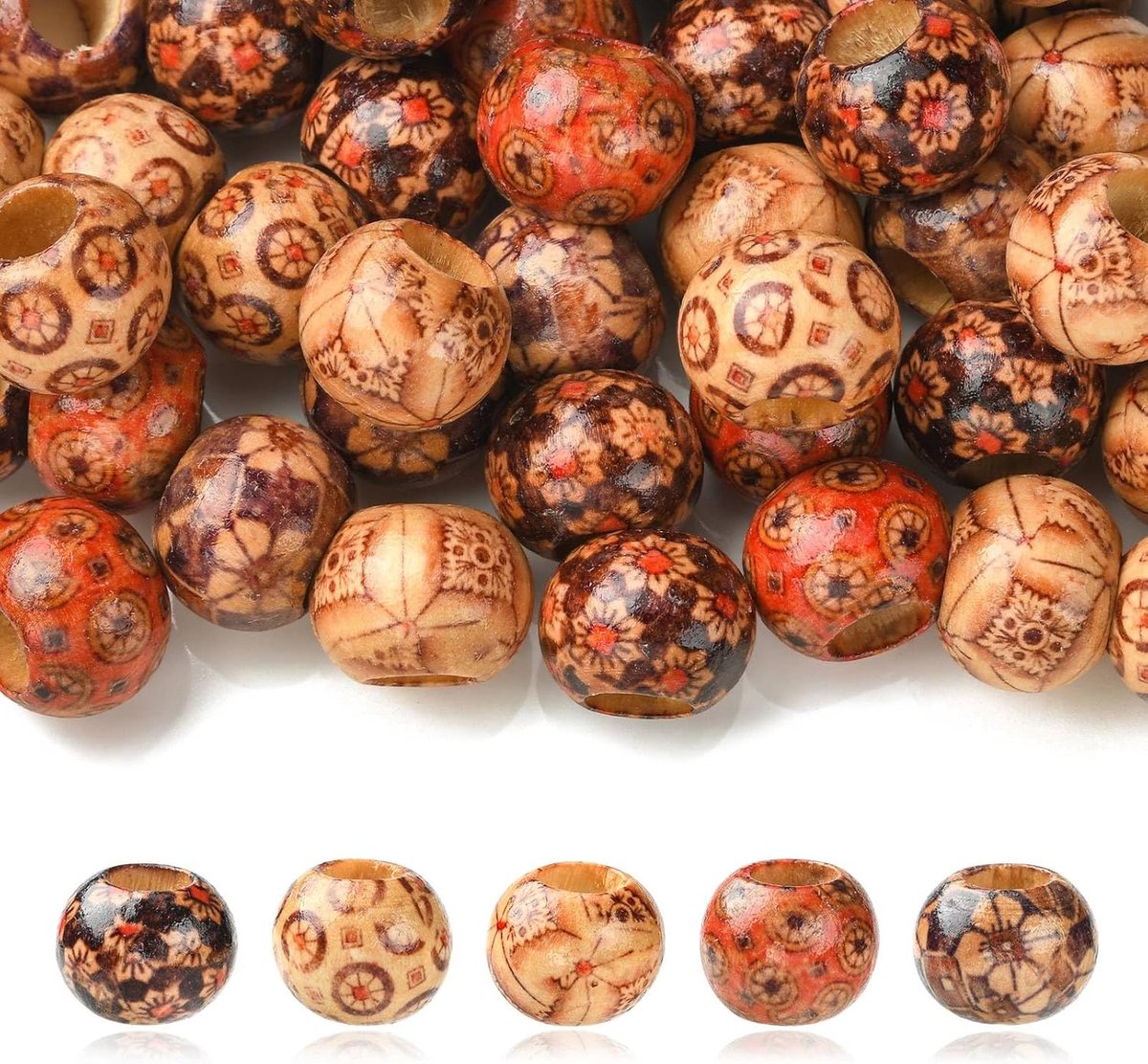 Rondelle Bedrukte houten Europese kralen, 50 stuks, 5 kleuren, 9 mm groot gat spacer kralen, voor doe-het-zelf sieraden, armband ketting, oorbel ambachten, sleutelhanger decor, 19,5 x 15,5 mm
