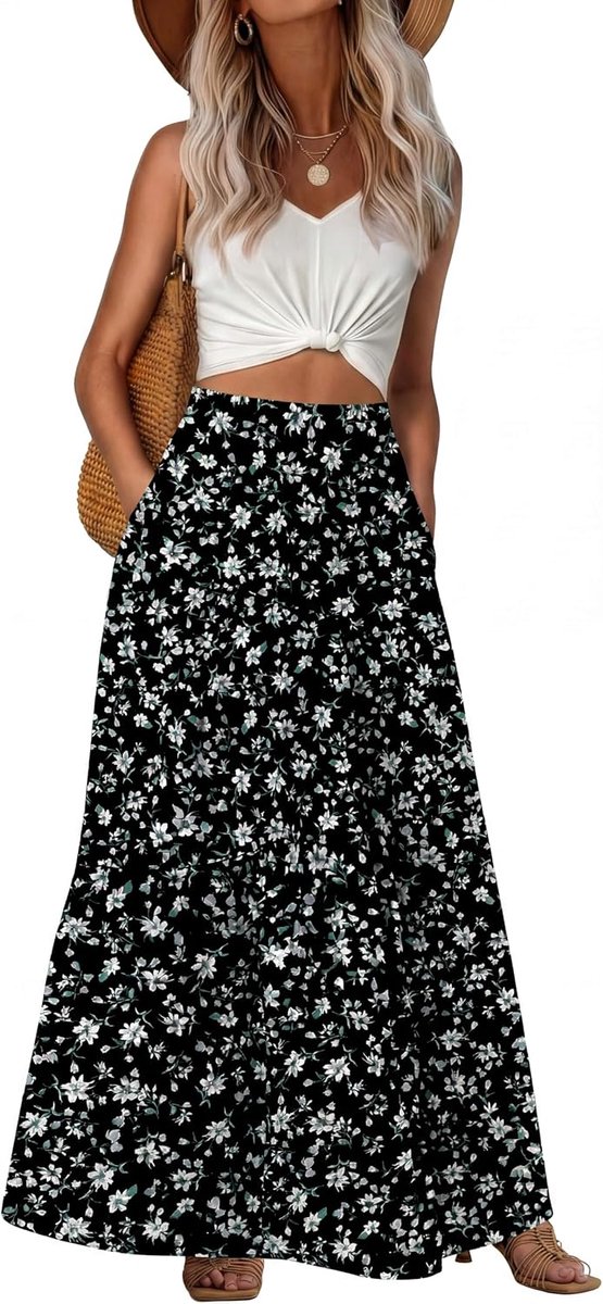 Dames zomer lange hoge taille boho rokken dames casual maxi casual elastische elegante vloeiende A-lijn rok met zakken voor vrouwen UK