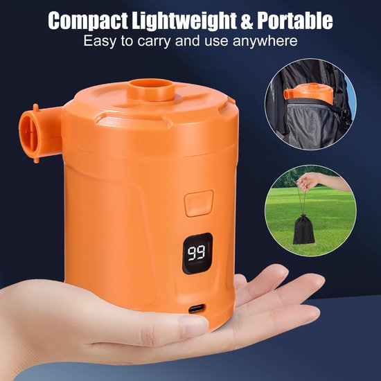 Elektrische luchtpomp, elektrische opblaas- en leeglooppomp, 5200 mAh oplaadbare batterij, luchtmatraspomp met 3 luchtmondstukken, snelle pomp voor opblaasboten/luchtmatrassen (oranje) — afbeelding 2