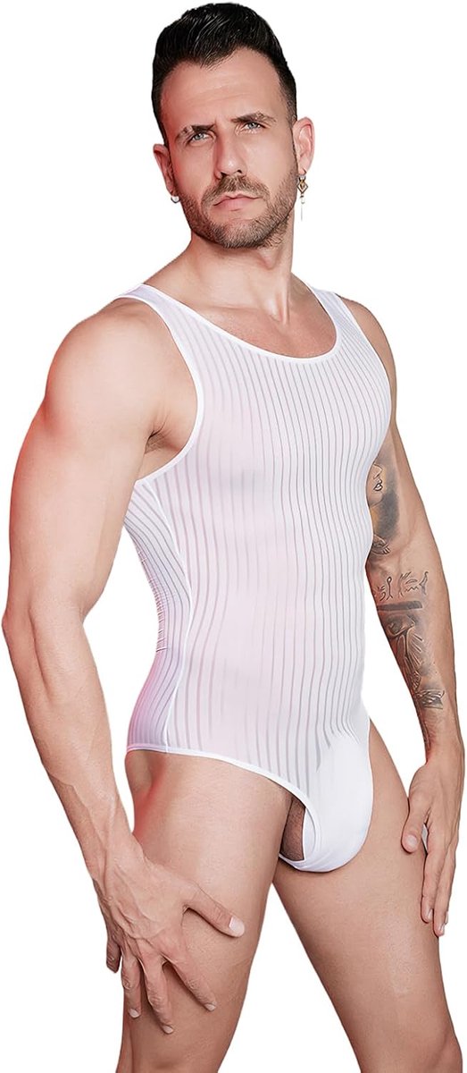 Bodysuit voor heren, kant, onderhemd, mesh, sexy shirt, tops, transparant, mouwloos, stringbody, overall, lingerie, bodysuit, eendelige pyjama, erotisch ondergoed