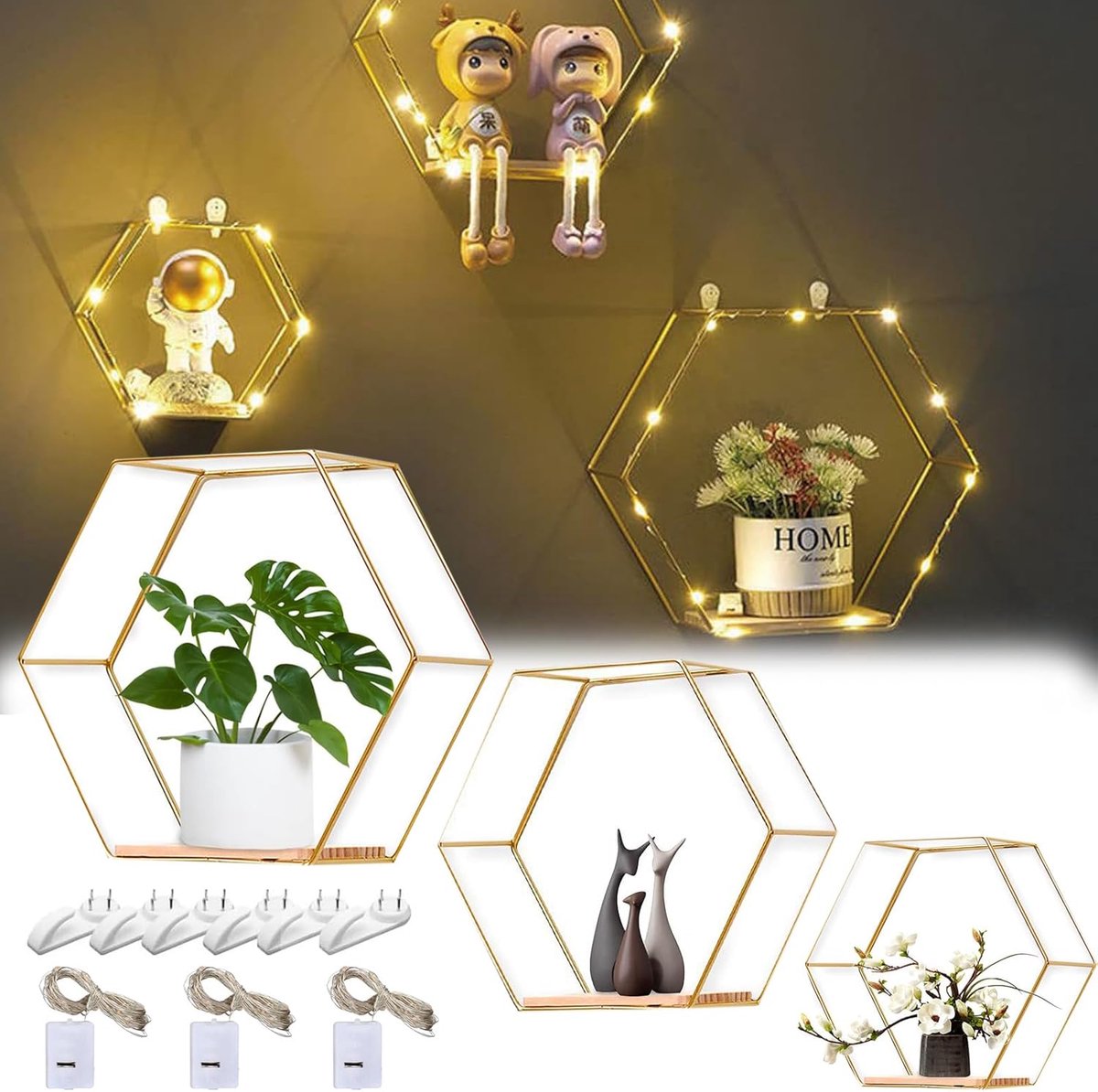 3 Set zeshoekige wandplank hangende plank met drie 1 meter lichtstroken, wandopslag organizer planken voor wanddecoratie in hal woonkamer slaapkamer badkamer (goud)