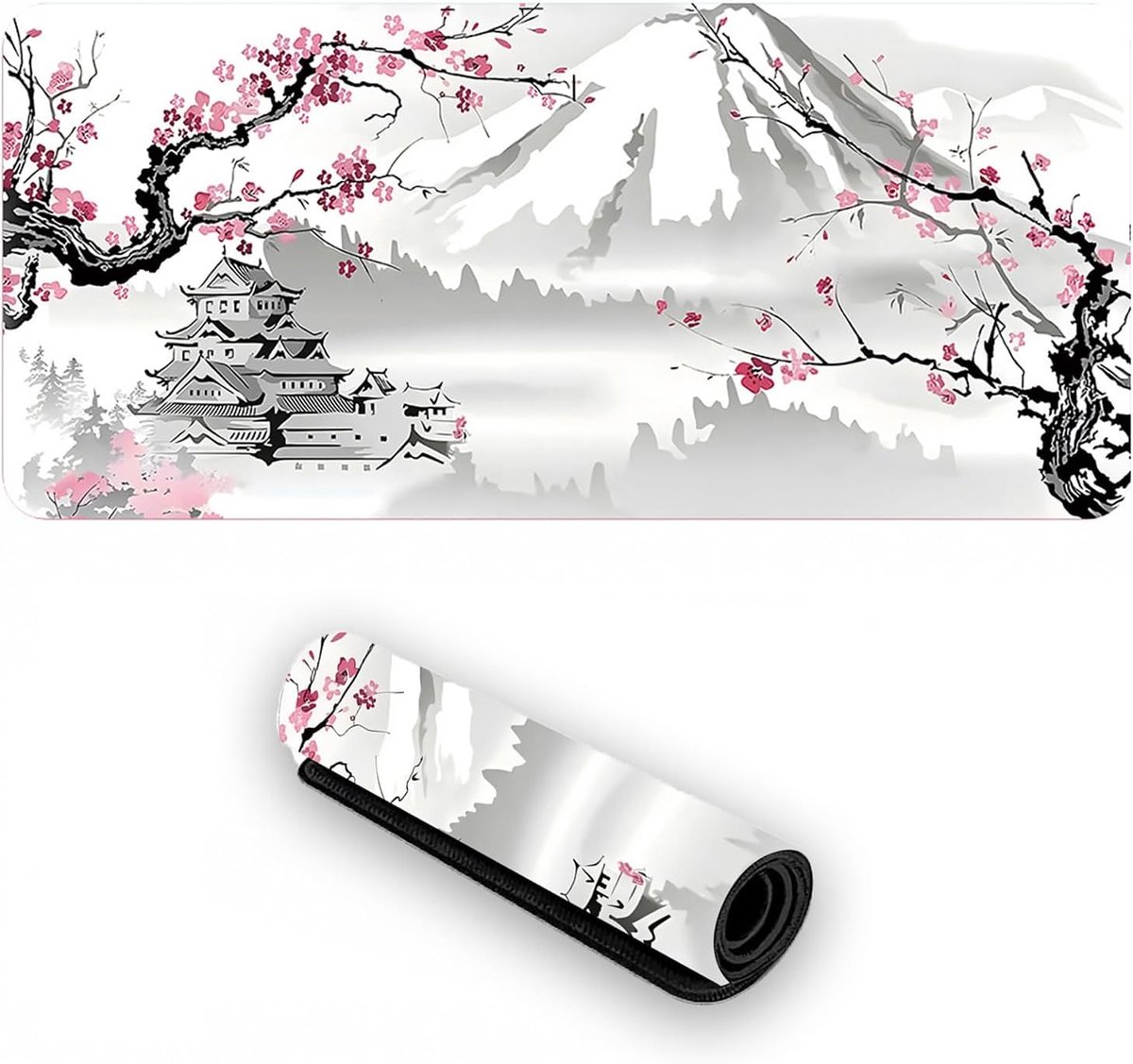muismat wit XXL, 900 x 400 mm White Sakura muismat, uitgebreide grote bureaumat, bureauonderlegger op rubberen basis, antislip muismat Japanse stijl, voor gaming, kantoor, pc, laptop