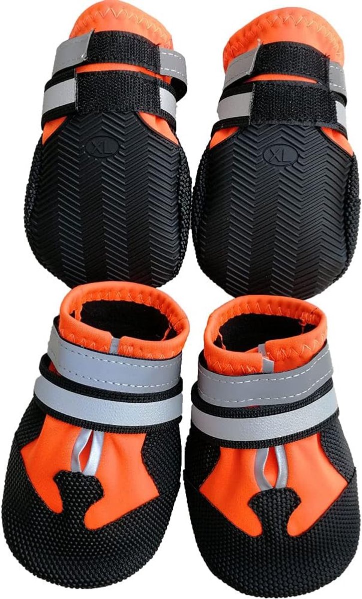 Schoenen, set van 4, waterdichte sneeuwschoenen, pootbescherming met antislipzool, reflecterende riemen, klittenbandsluiting, voor kleine, middelgrote en grote honden, oranje (M)