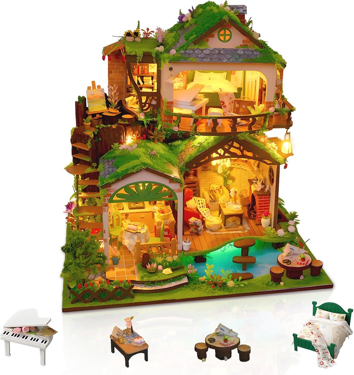 Huisbouwpakket voor volwassenen, sprookjesbaldakijn, doe-het-zelf diorama modelbouw met meubels, creatieve knutselset voor plankdecoratie, uniek cadeau voor verjaardagen en