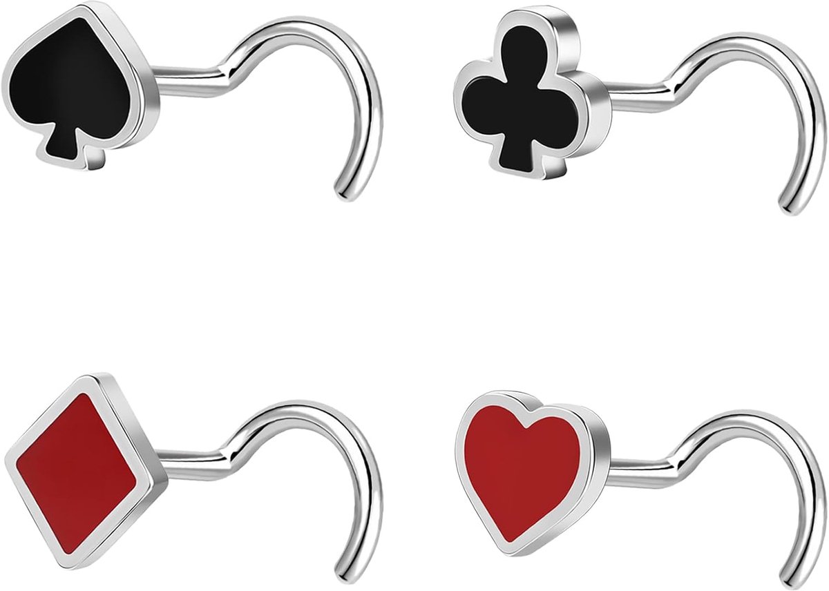 4 stuks roestvrijstalen kurkentrekker neusringen, 20G poker neusringen lvormig, geluksneusschroef bot neusgat neuspiercing sieraden kaartspel sieraden voor vrouwen mannen