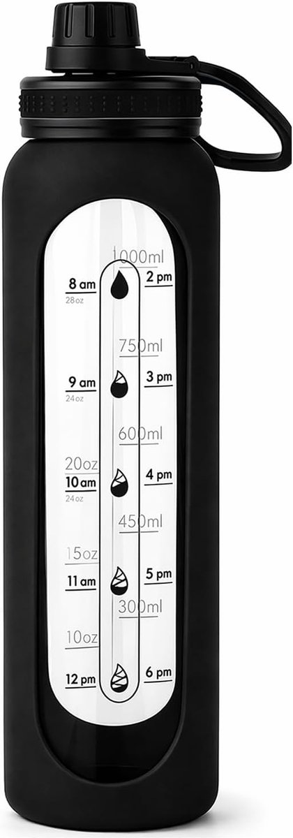 Drinkfles van glas, 1 liter, met onbreekbare siliconen hoes, borosilicaatglazen fles met tijdmarkering, glazen fles, 1 liter, voor water, sap en sport