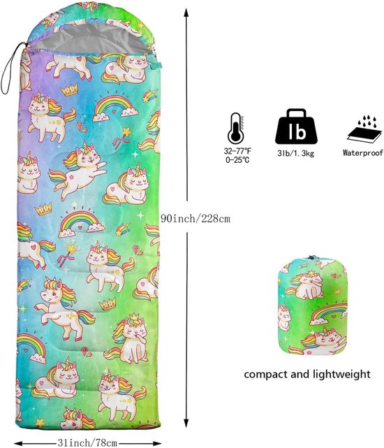 Kinderslaapzak - Slaapzakken voor kinderen - Kamperen en wandelen - Waterdicht en koudebestendig - 80 x 230 cm - Eenhoorn — afbeelding 3