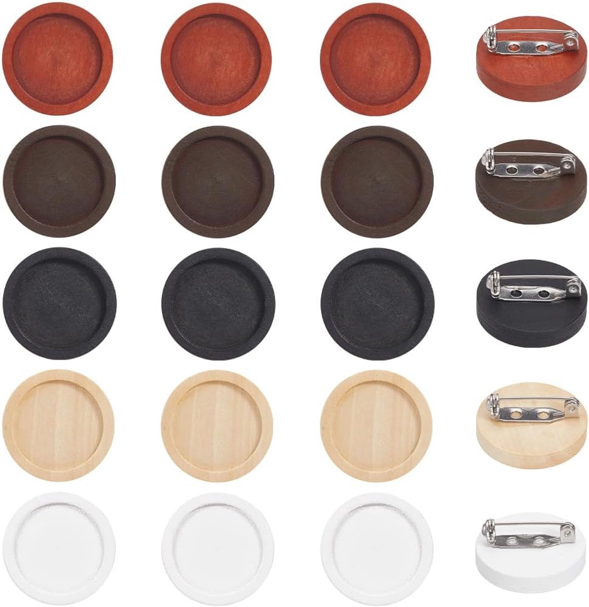 20 Stks 5 Kleuren Blanco Broche Hout Cabochon Blanks Bulk 25mm Wit Zwart Bruin Natuurlijke Ronde Basic Houten Dienblad Broches Instellingen met RVS Veiligheid Pin voor Sieraden Maken DIY