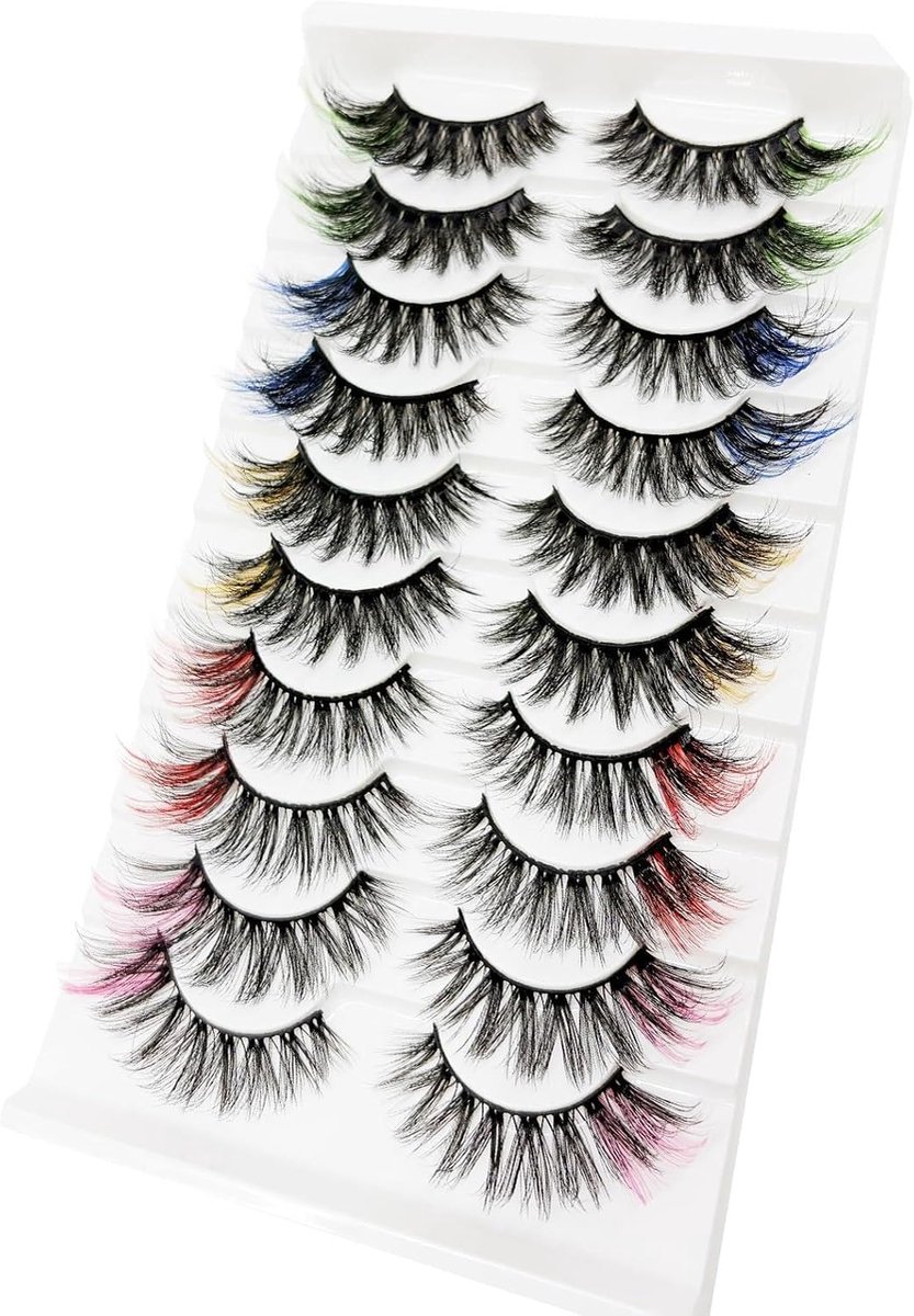 10 paar kleurrijke wimpers, 3D geverfde kunstwimpers met gekleurde plukken, glanzend, lange dichtheid, voor carnaval, party, podiummake-up
