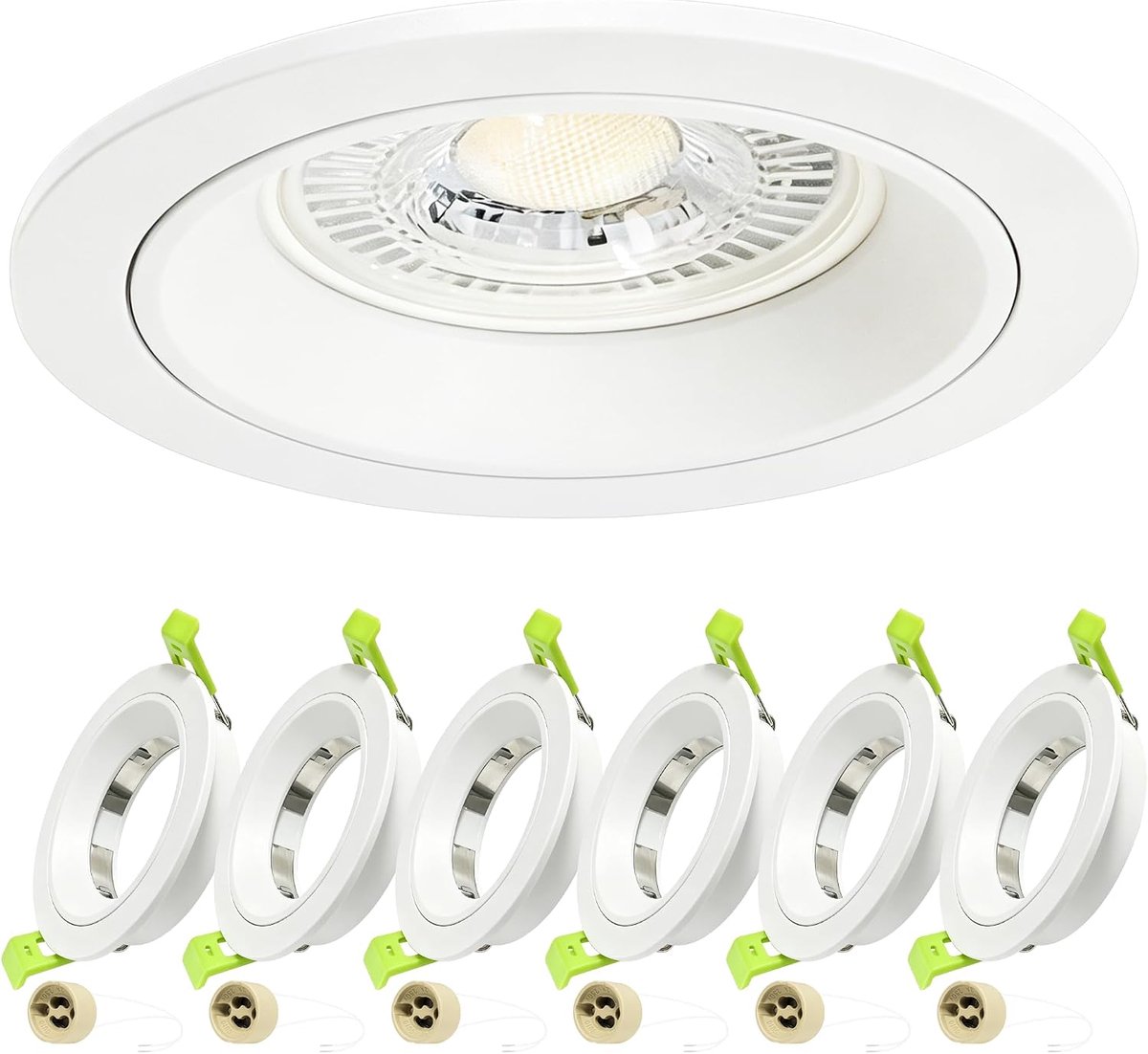 Inbouwframe 6 Stuks, Aluminium Inbouwring met GU10 Fitting, Plat Spotframe, Lichtbron Niet Inbegrepen, Zaagmaat Ø75 mm, Geschikt voor Badkamer, Keuken en Woonkamer, Wit